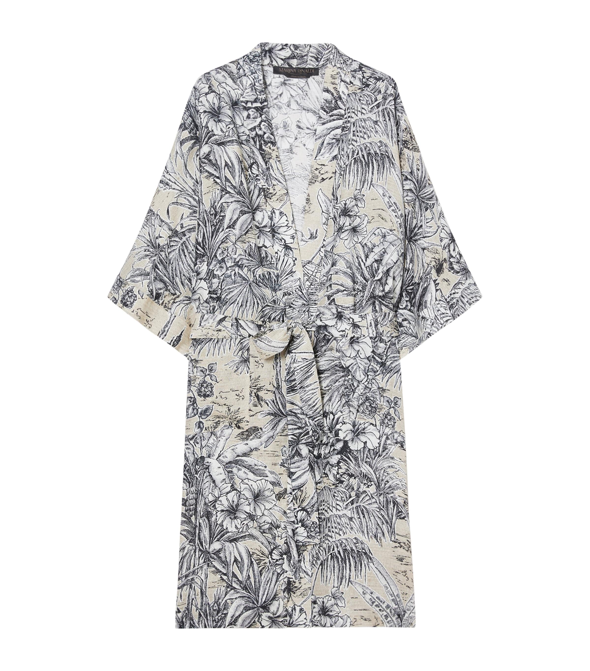 Marina Rinaldi Linen Printed Kimono Jacket In Beige