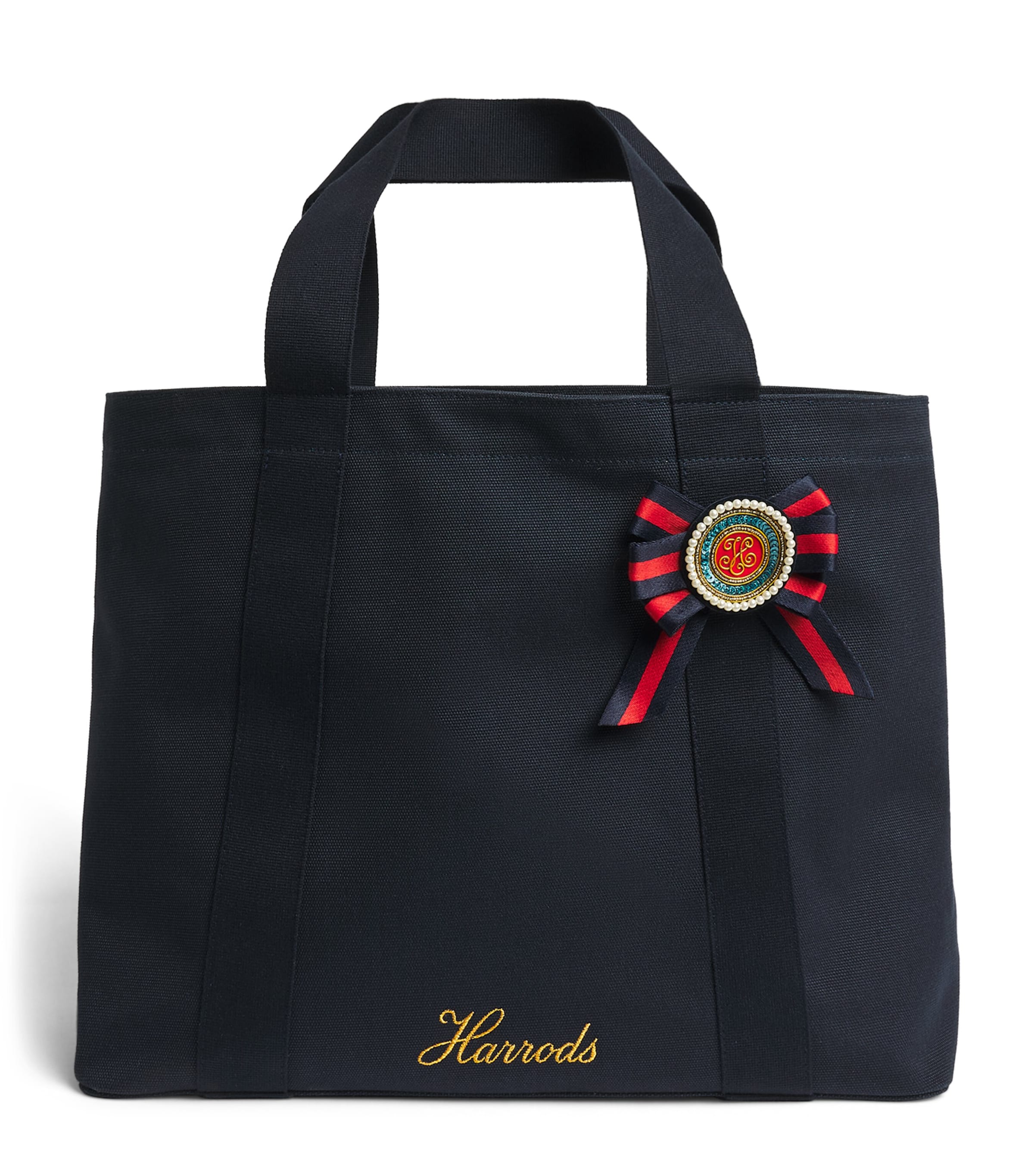 Harrods Medium Cotton Canvas British Rosette Tote Bag Navy Image 1