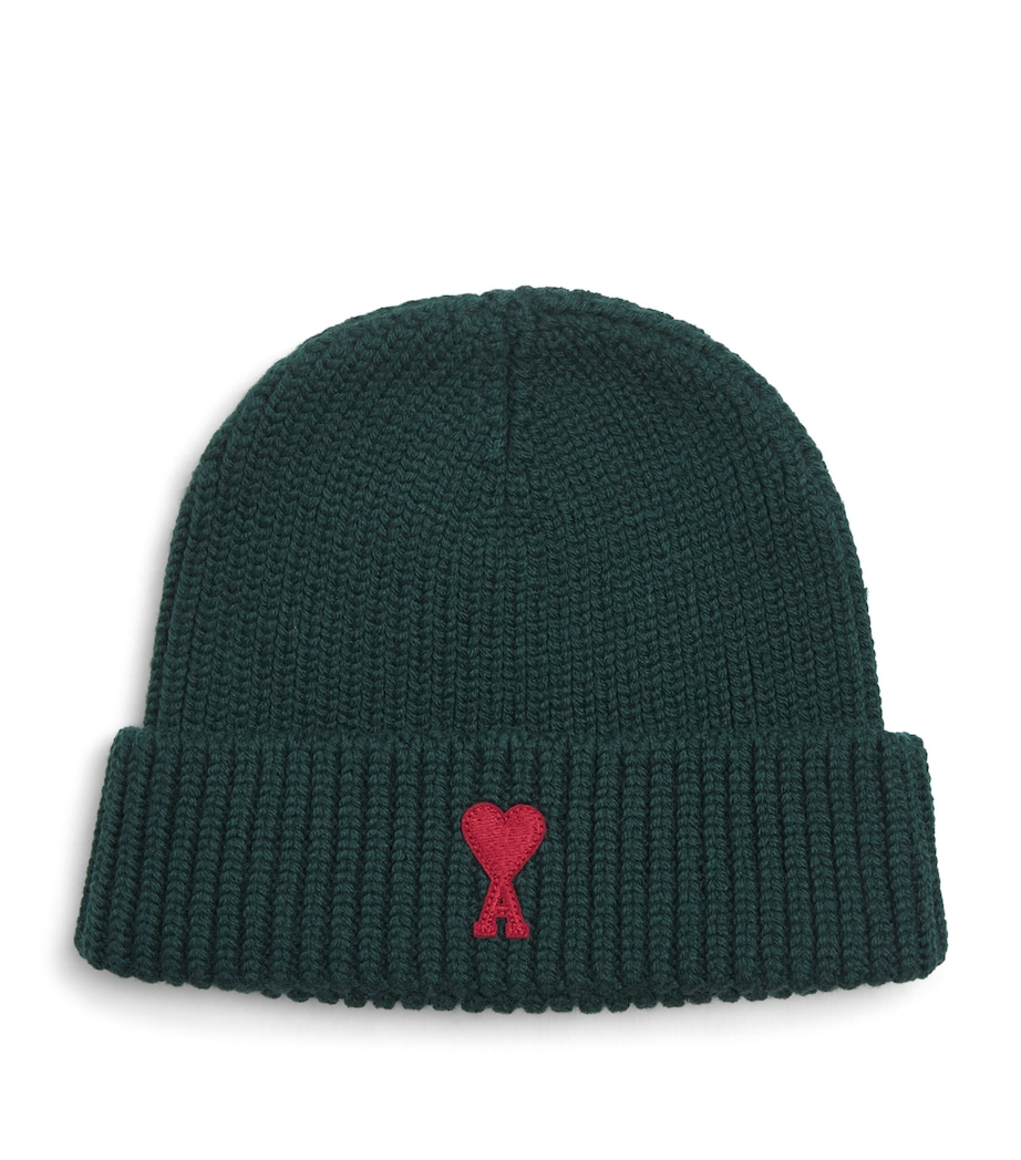 AMI Paris Ami de Coeur Beanie : Vert Bouteille/rouge Image 1