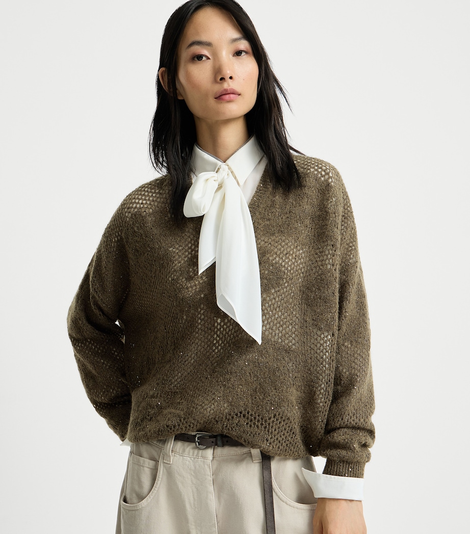 Brunello Cucinelli Womens Open-Work Embellished Sweater Militare Image 4