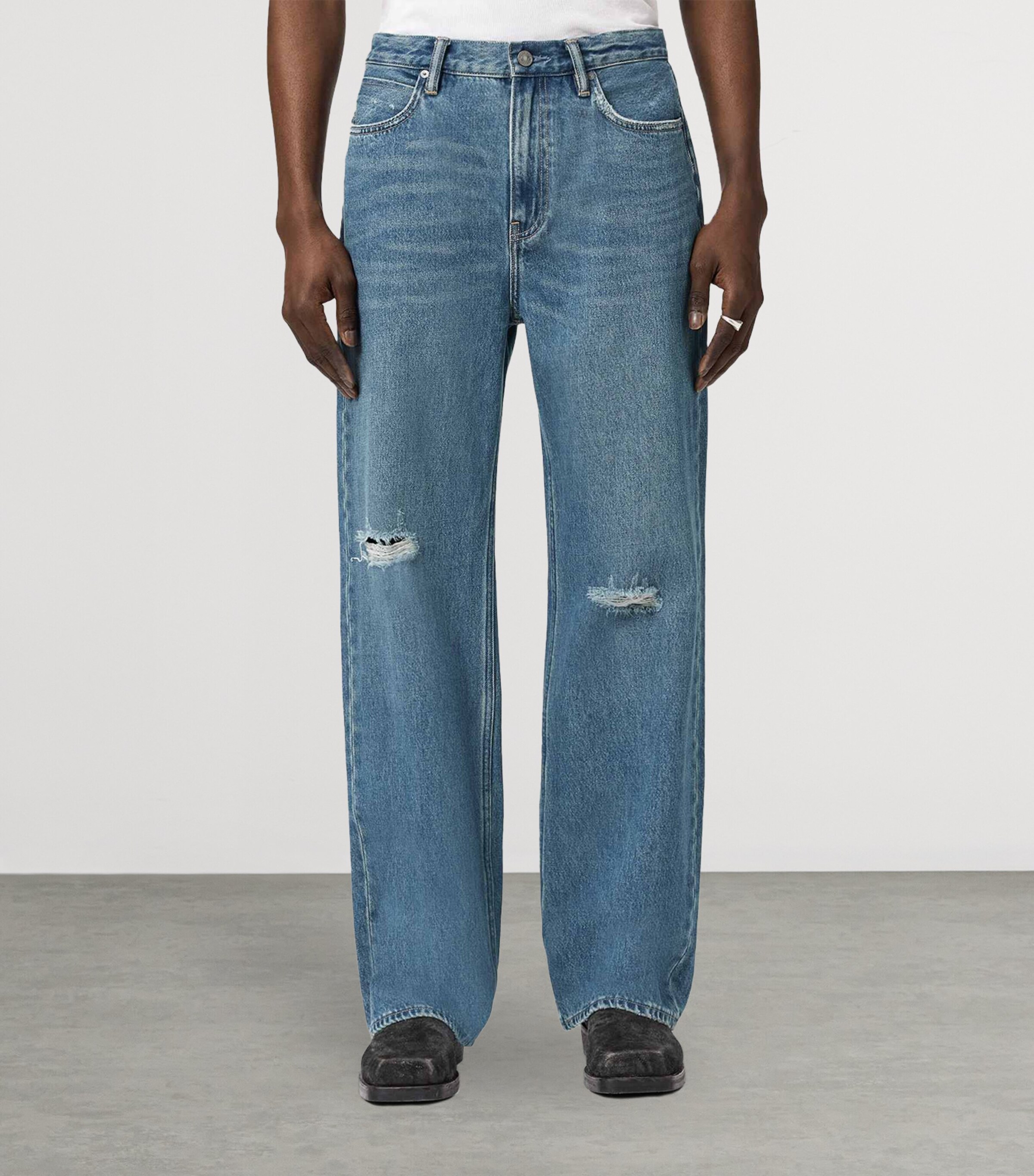 AllSaints Mens Distressed Lenny Straight Jeans Destroy Mid Indigo Image 3