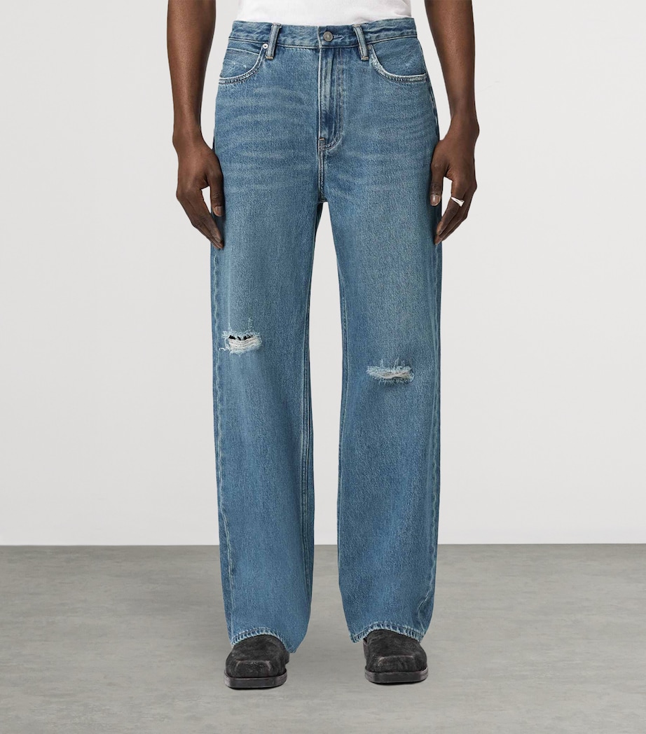 AllSaints Mens Distressed Lenny Straight Jeans Destroy Mid Indigo Image 3