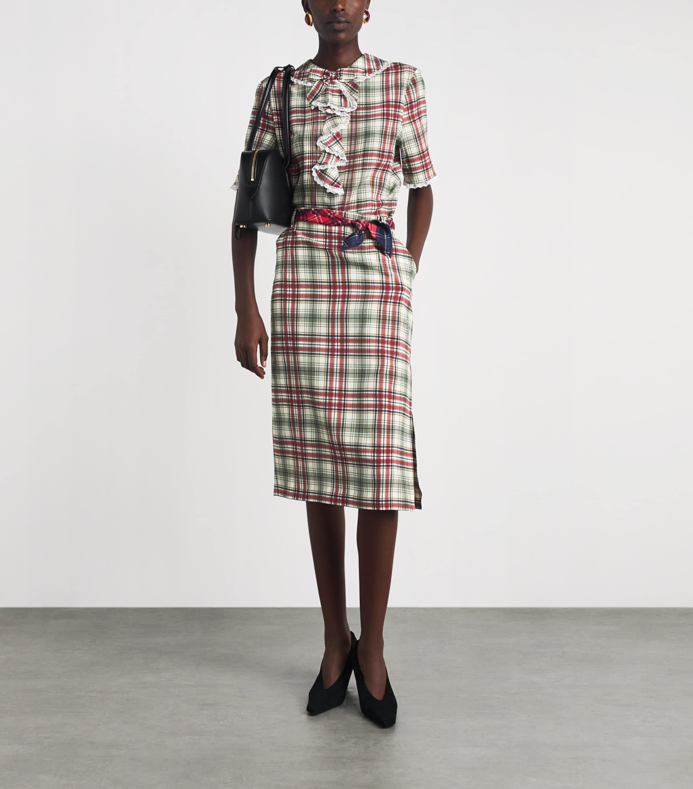 Alessandra Rich Womens Silk Tartan Midi Pencil Skirt Green Red Image 2