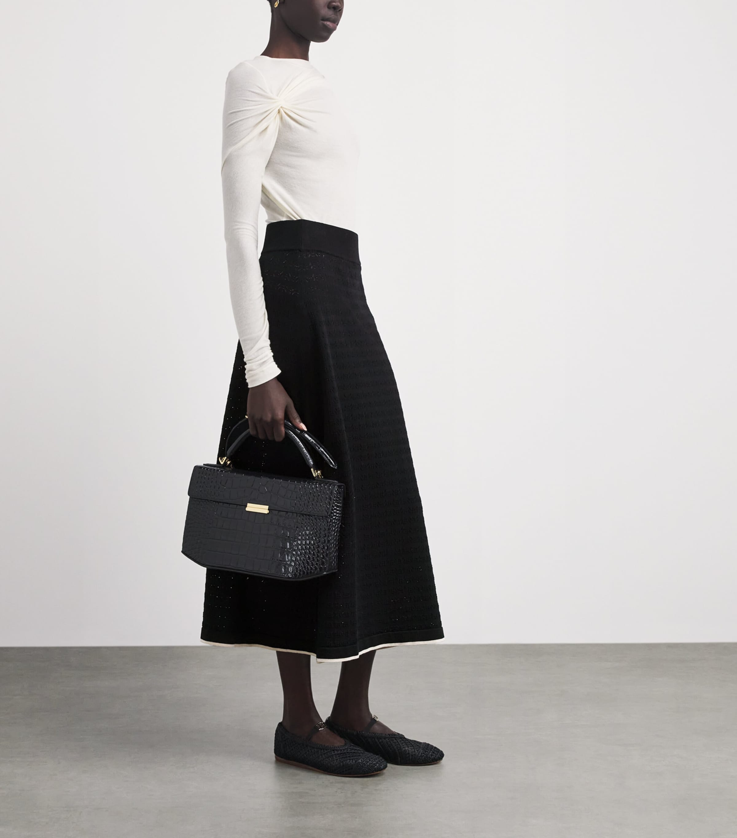 Agnona Womens Cotton Pointelle Midi Skirt Black Image 2