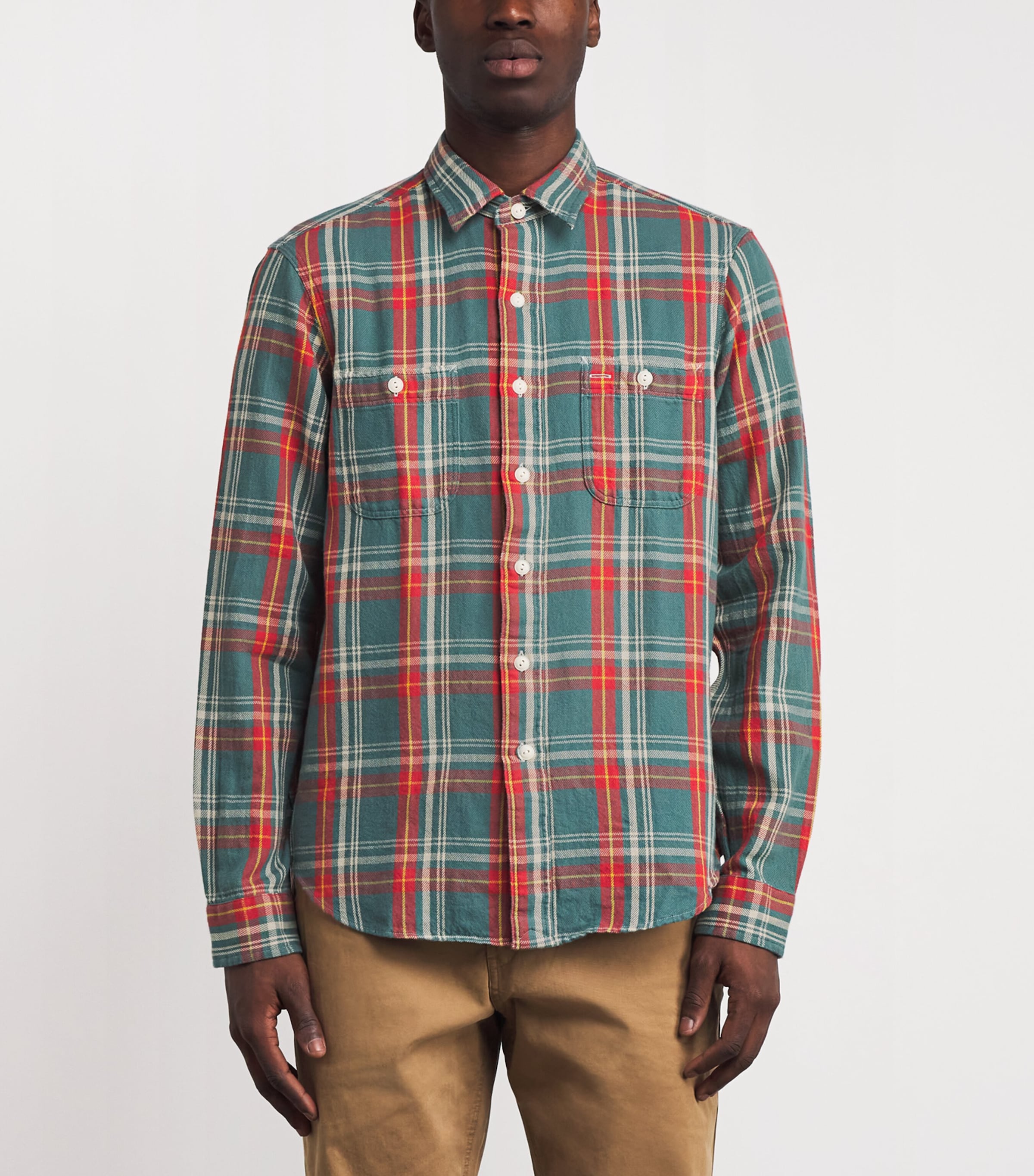Cotton Flannel Check Overshirt GREEN RED Image 3