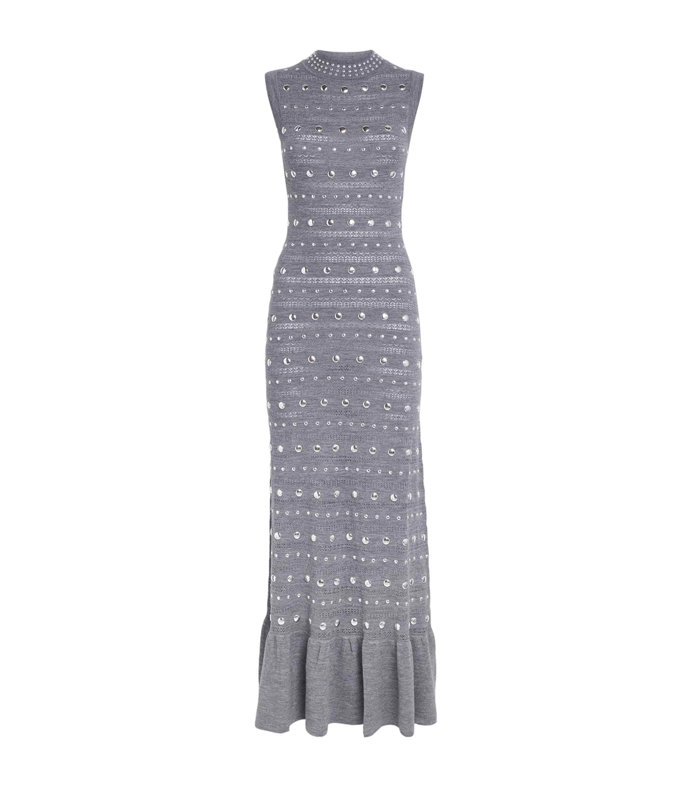 Sandro Womens Grey Studded Ruffled-hem Stretch Pointelle-knit Maxi Dress In Gray