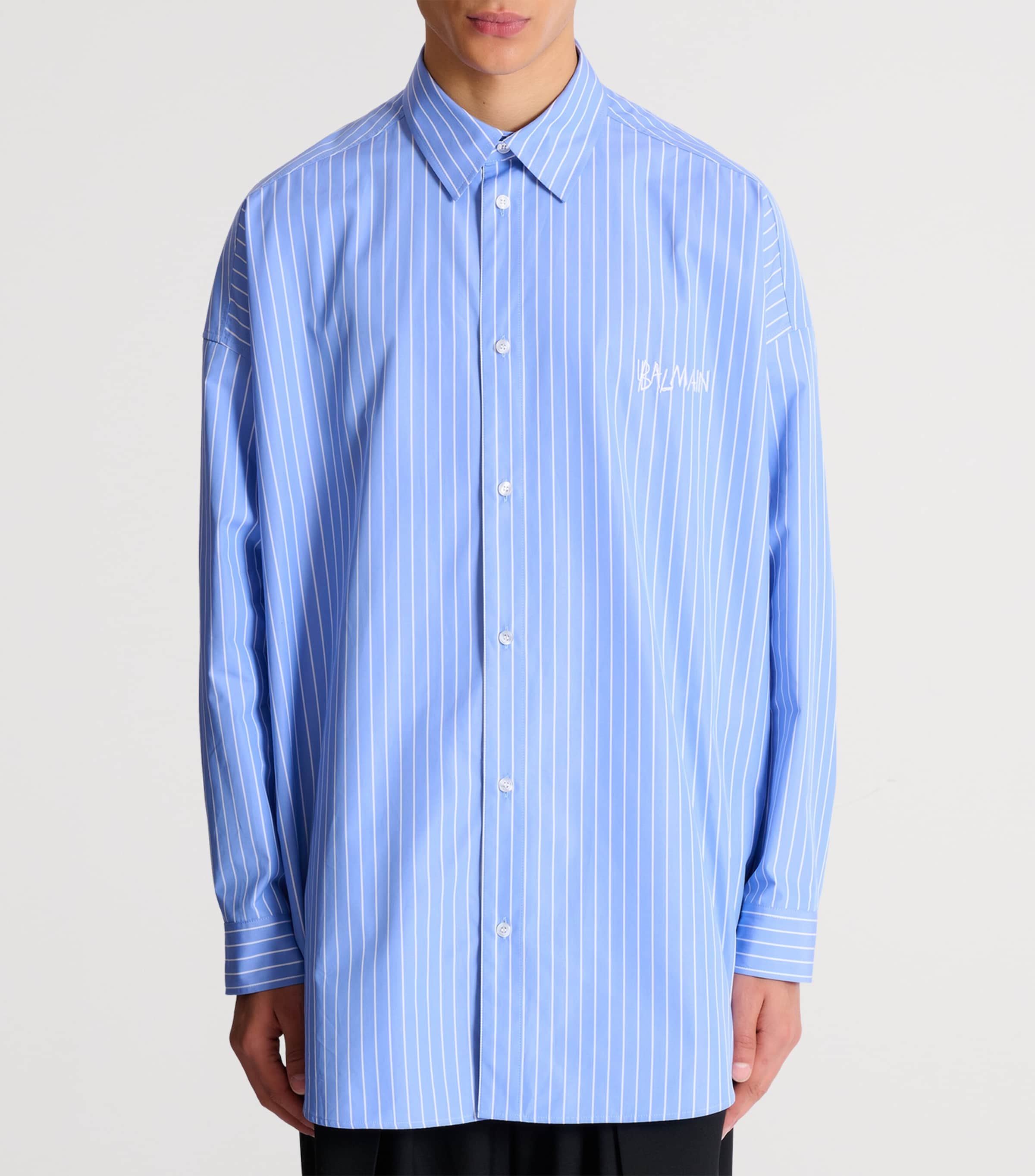 Balmain Mens Cotton Relaxed Stripe Logo Shirt Sab Bleu/blanc Image 4