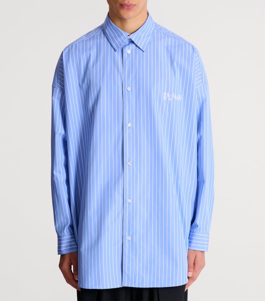 Balmain Mens Cotton Relaxed Stripe Logo Shirt Sab Bleu/blanc Image 4