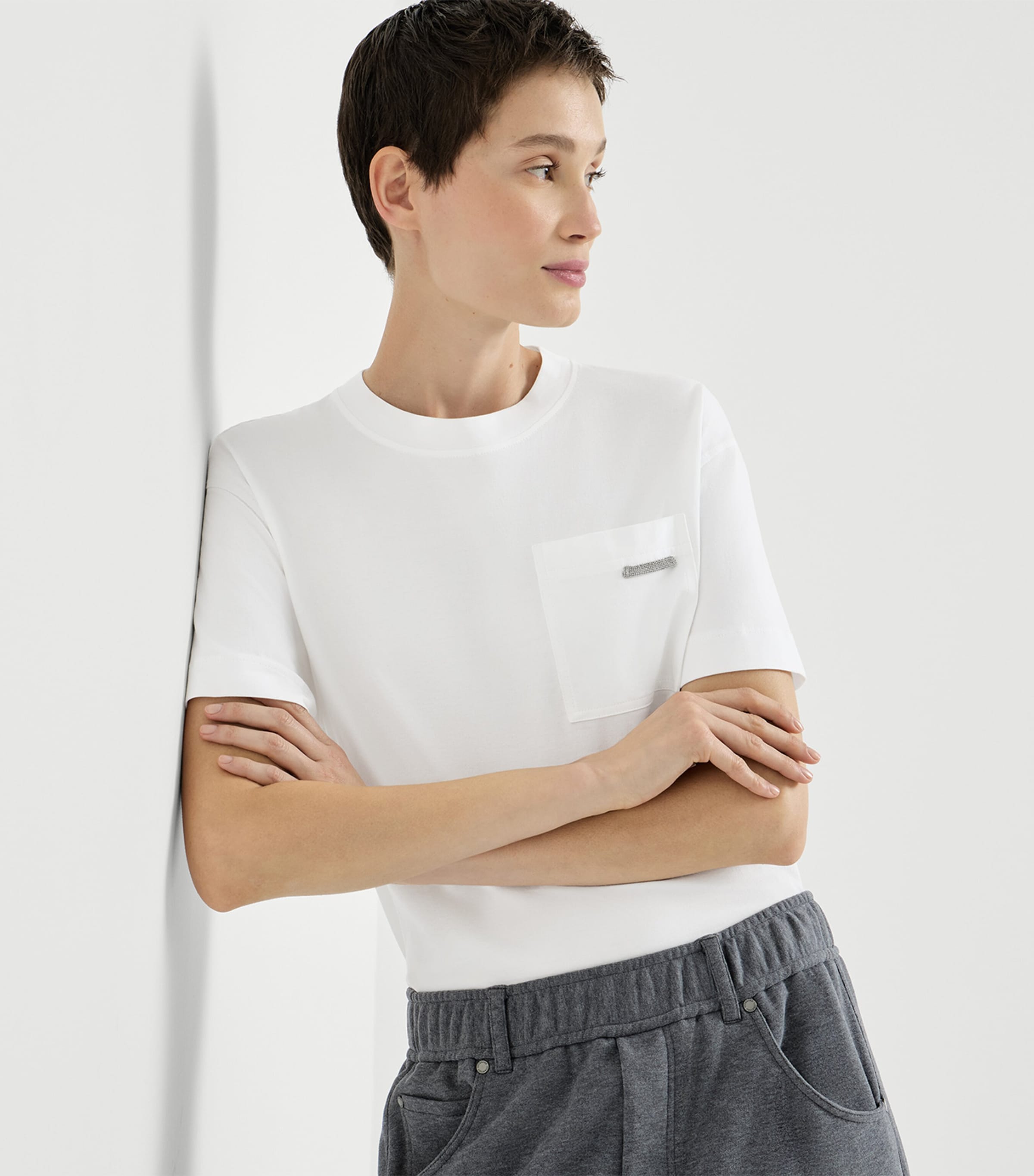 Brunello Cucinelli Womens Cotton Monili-Trim T-Shirt White Image 2