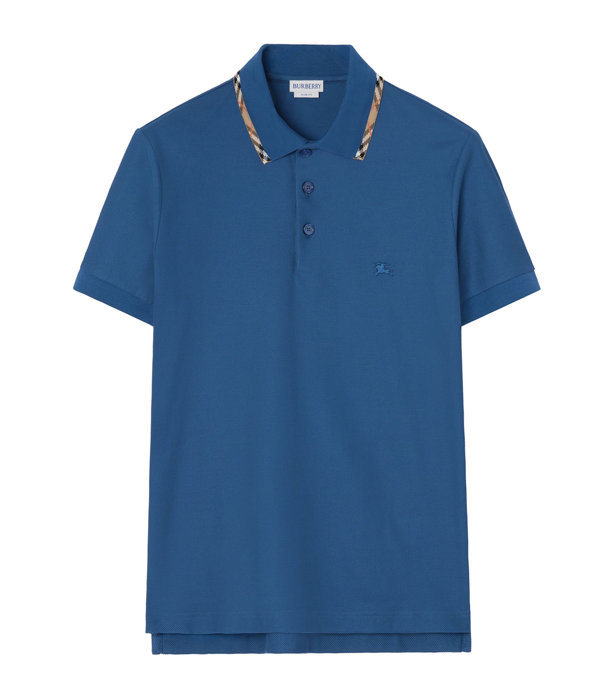 Burberry Mens Cotton Check-Trim Polo Shirt Officers Blue Image 1