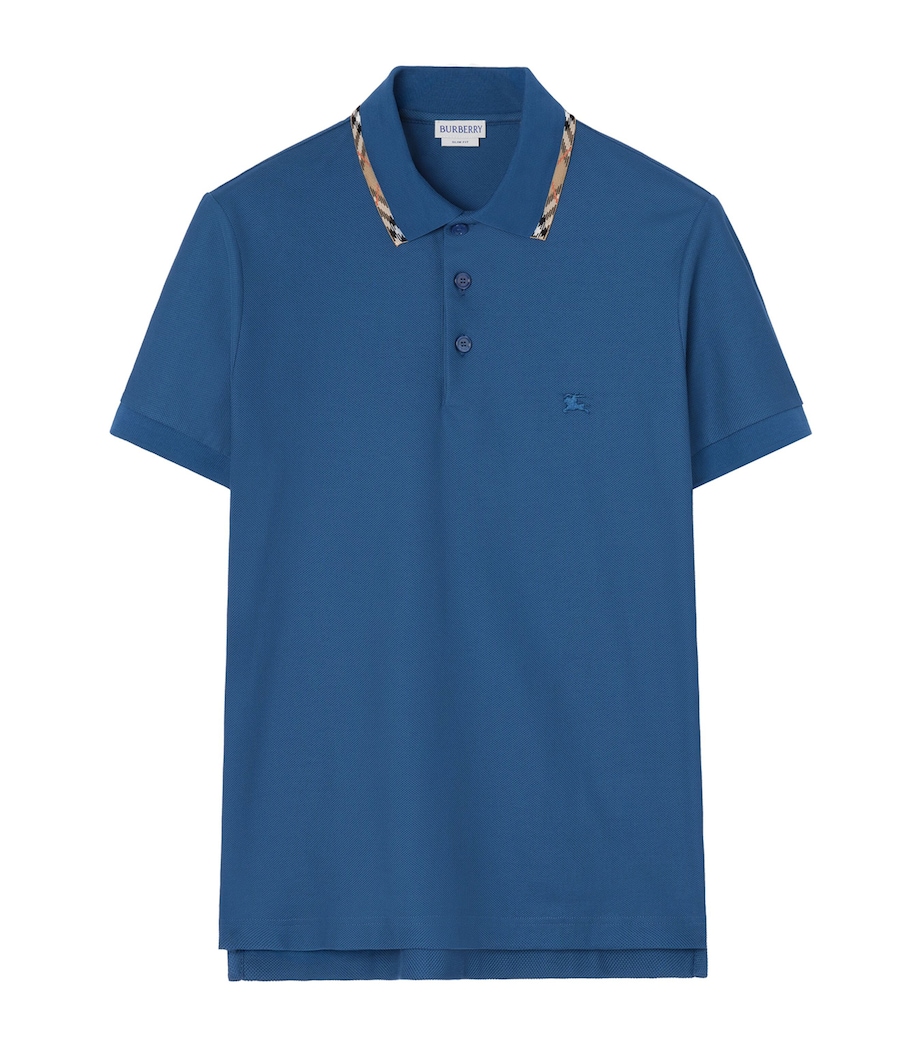 Burberry Mens Cotton Check-Trim Polo Shirt Officers Blue Image 1
