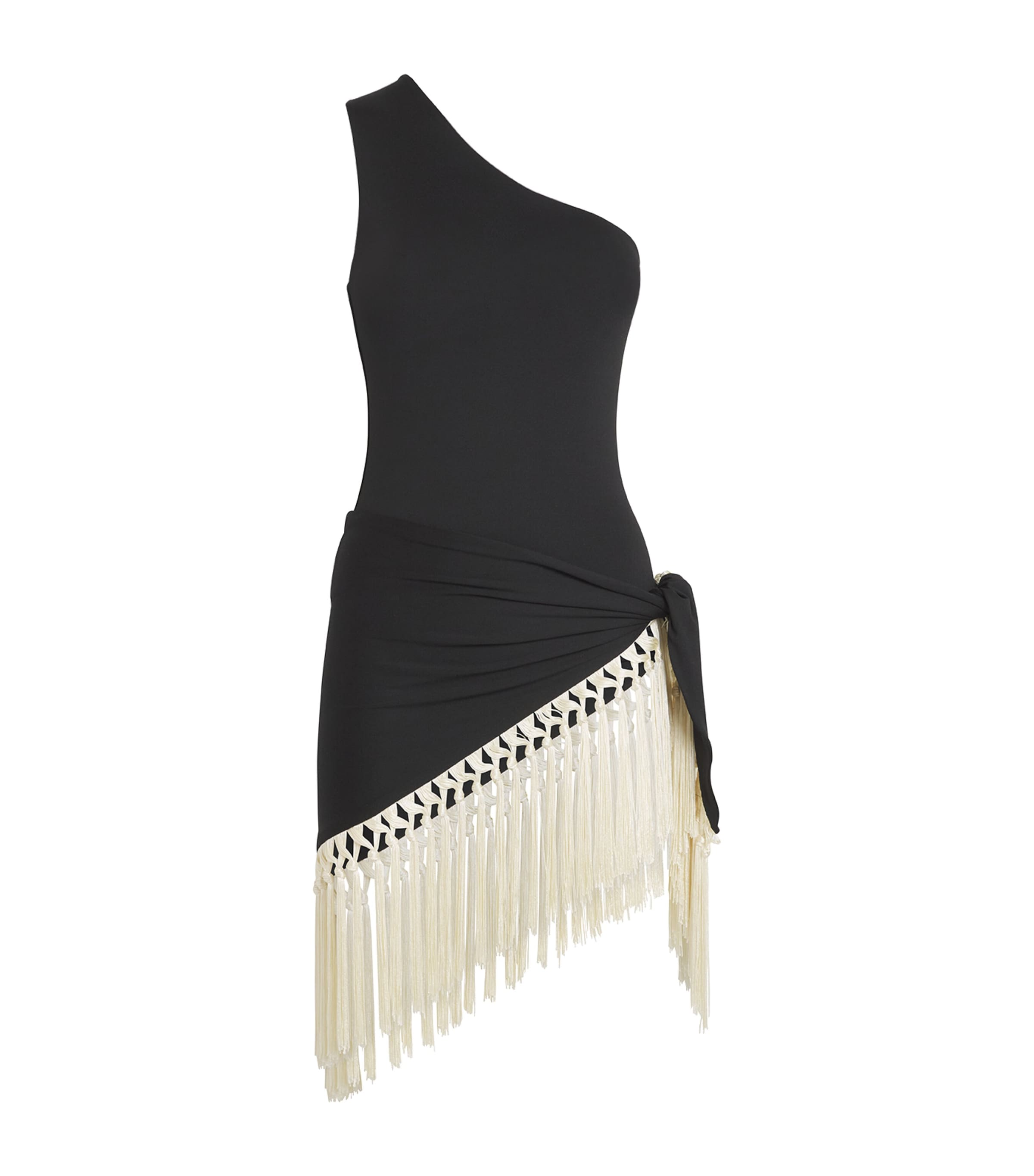 Taller Marmo Yacare One-shoulder Swimsuit And Fringed Pareo Set In Black