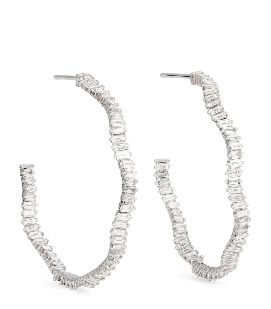 White Gold and Diamond Classic Fireworks Wave Hoop Earrings 18K WG/WD Image 1