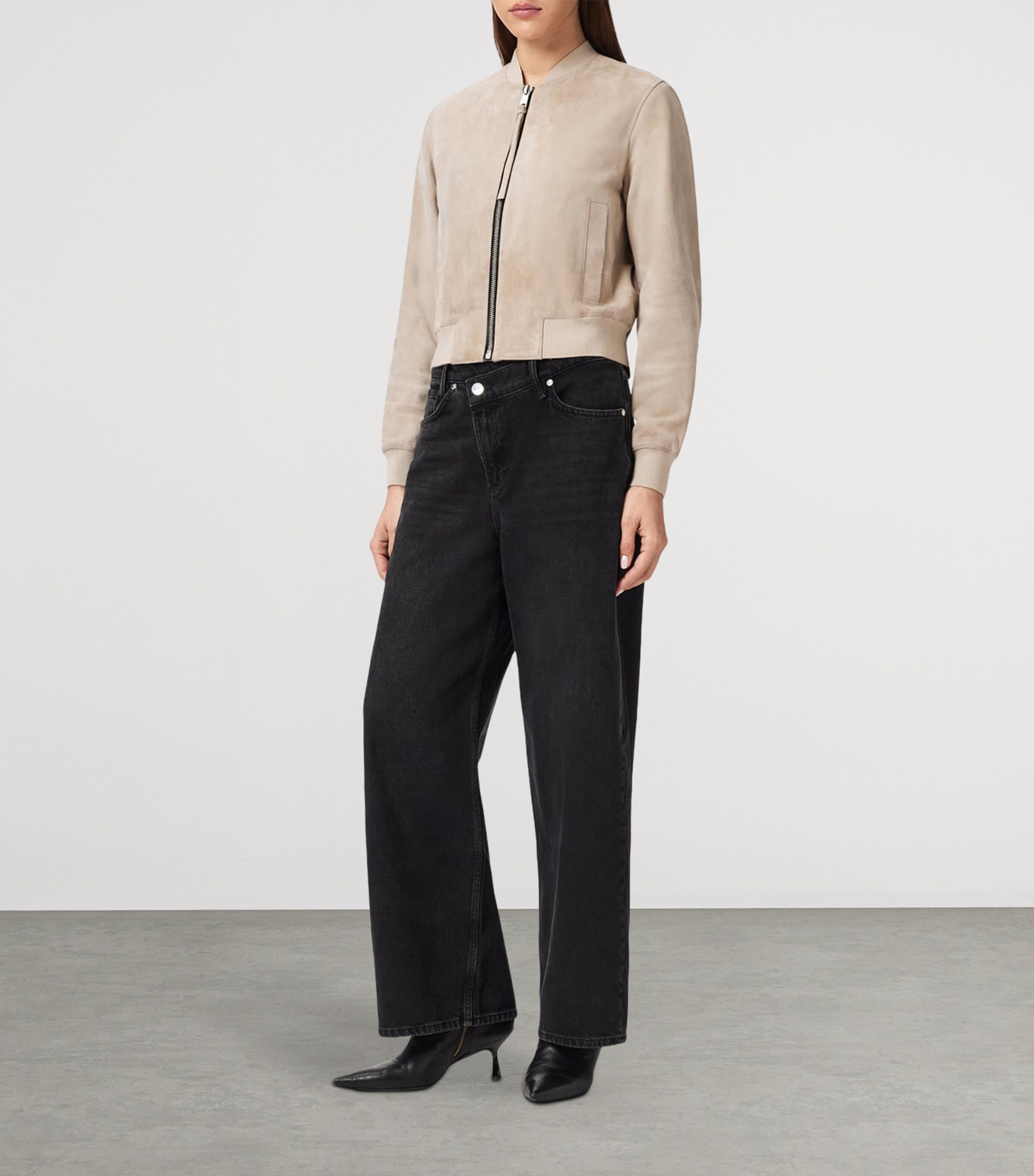 AllSaints Womens Suede Orten Bomber Jacket Silver Birch Grey Image 6
