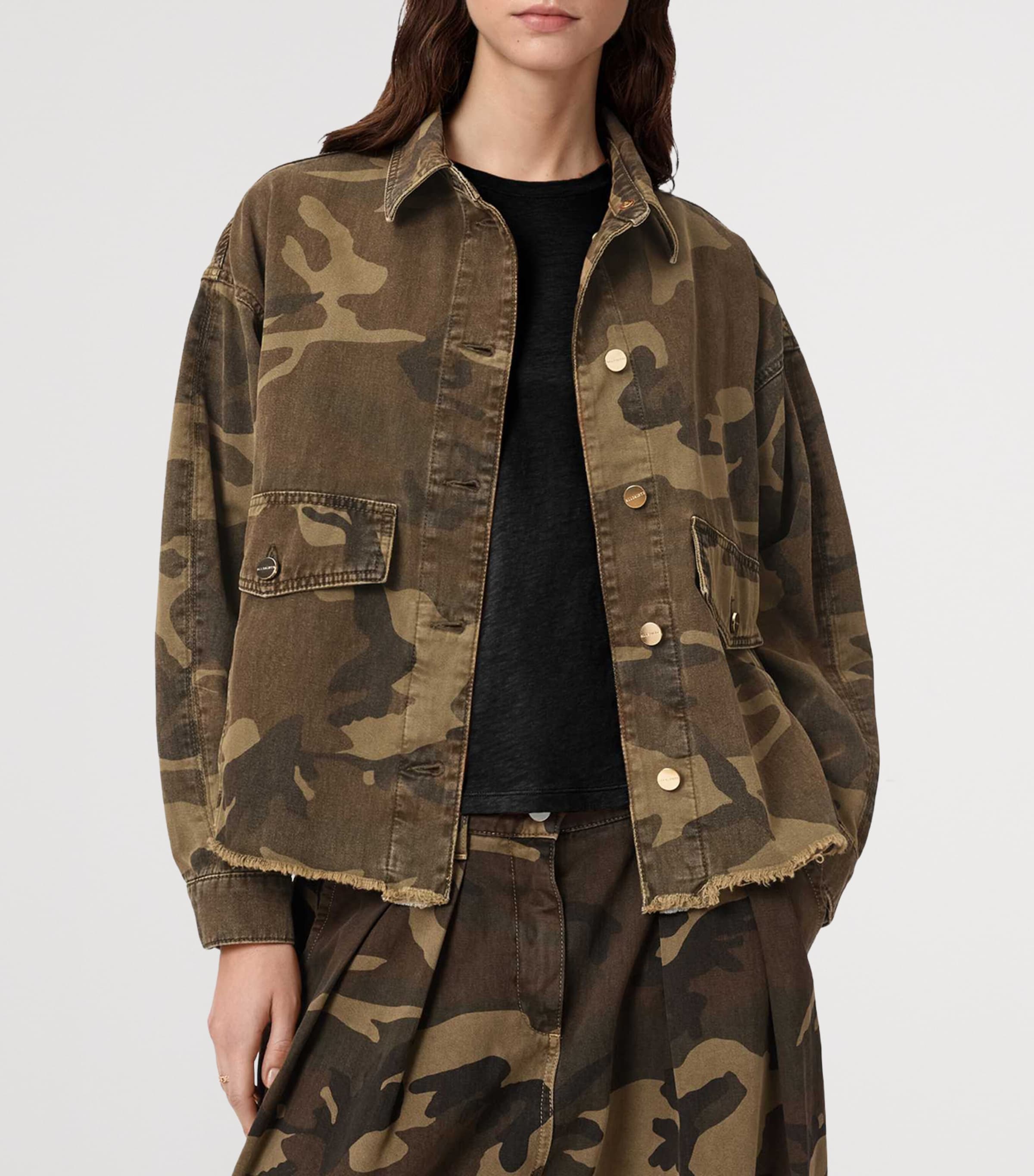 AllSaints Womens Cotton Camouflage Hettie Shacket Camo Green Image 5