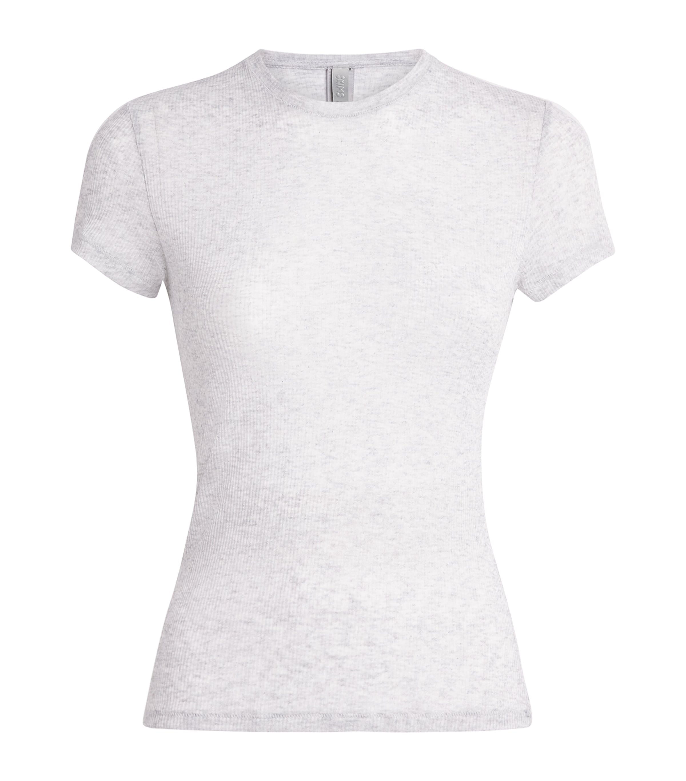 Skims Womens Semi-Sheer Ribbed T-Shirt Light Heather Grey Image 1