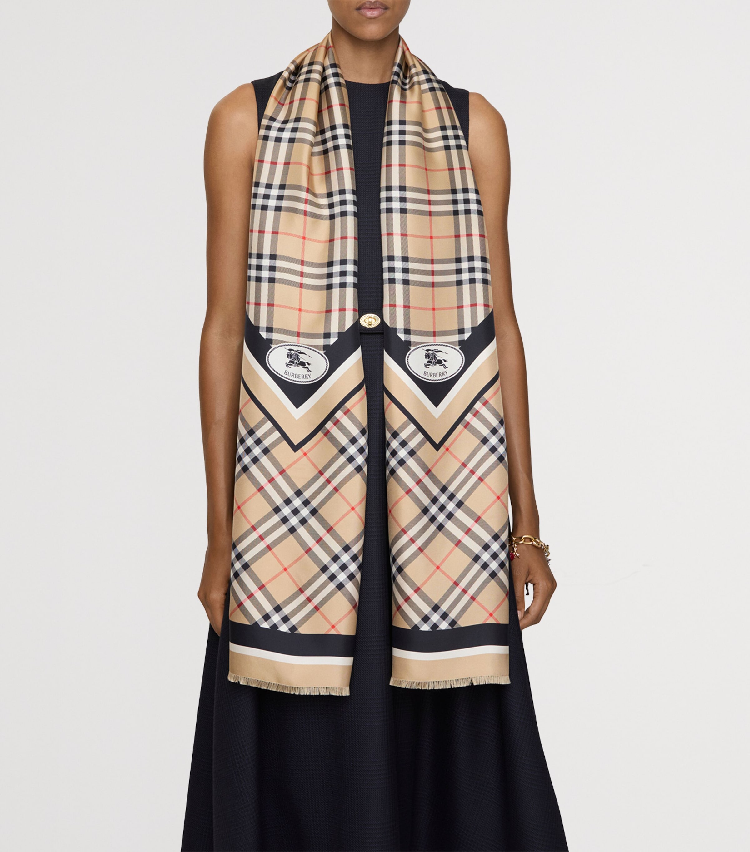 Silk Check Fringed Scarf SAND Image 4