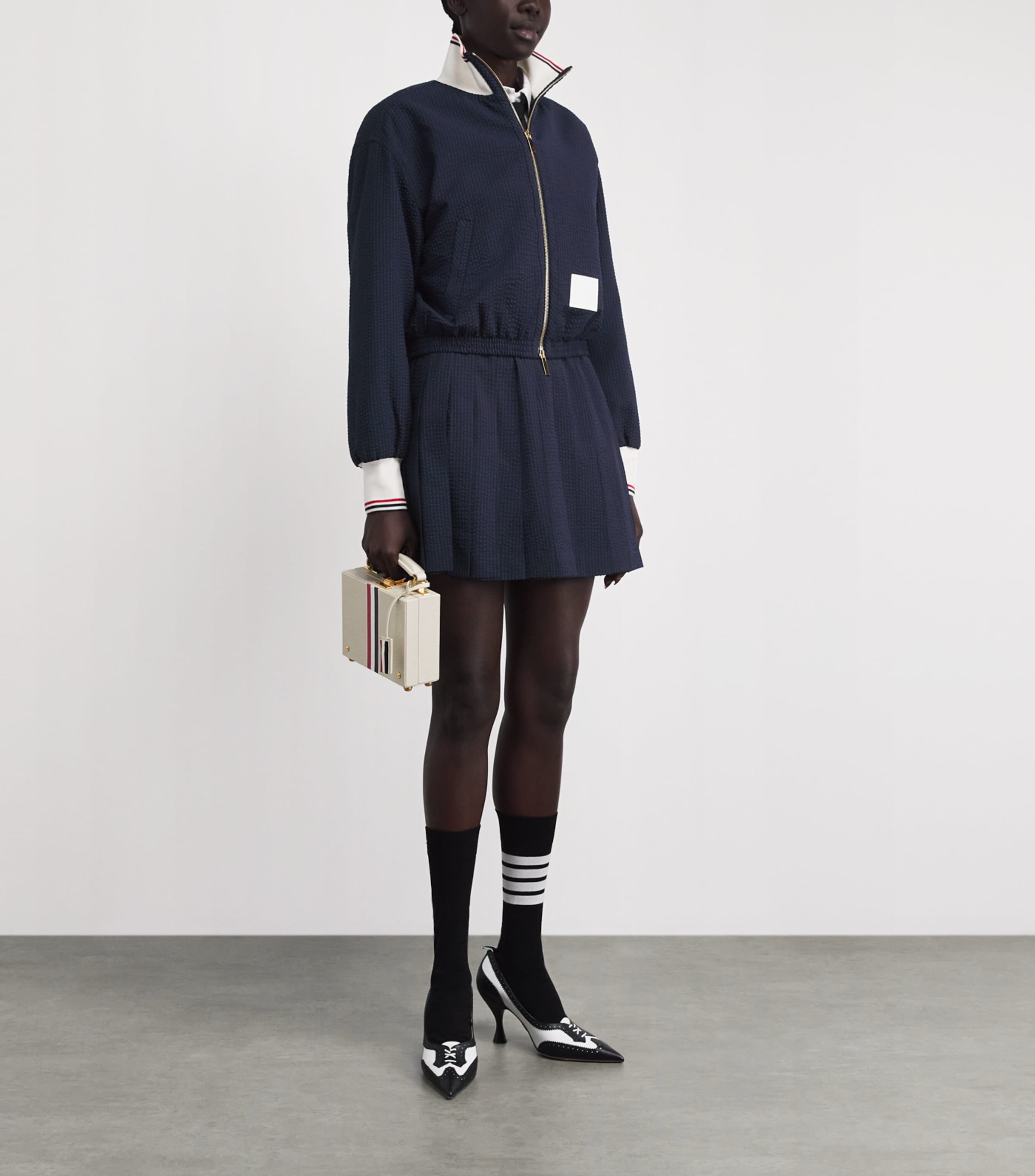 Thom Browne Womens Wool Seersucker Pleated Mini Skirt Navy Image 2