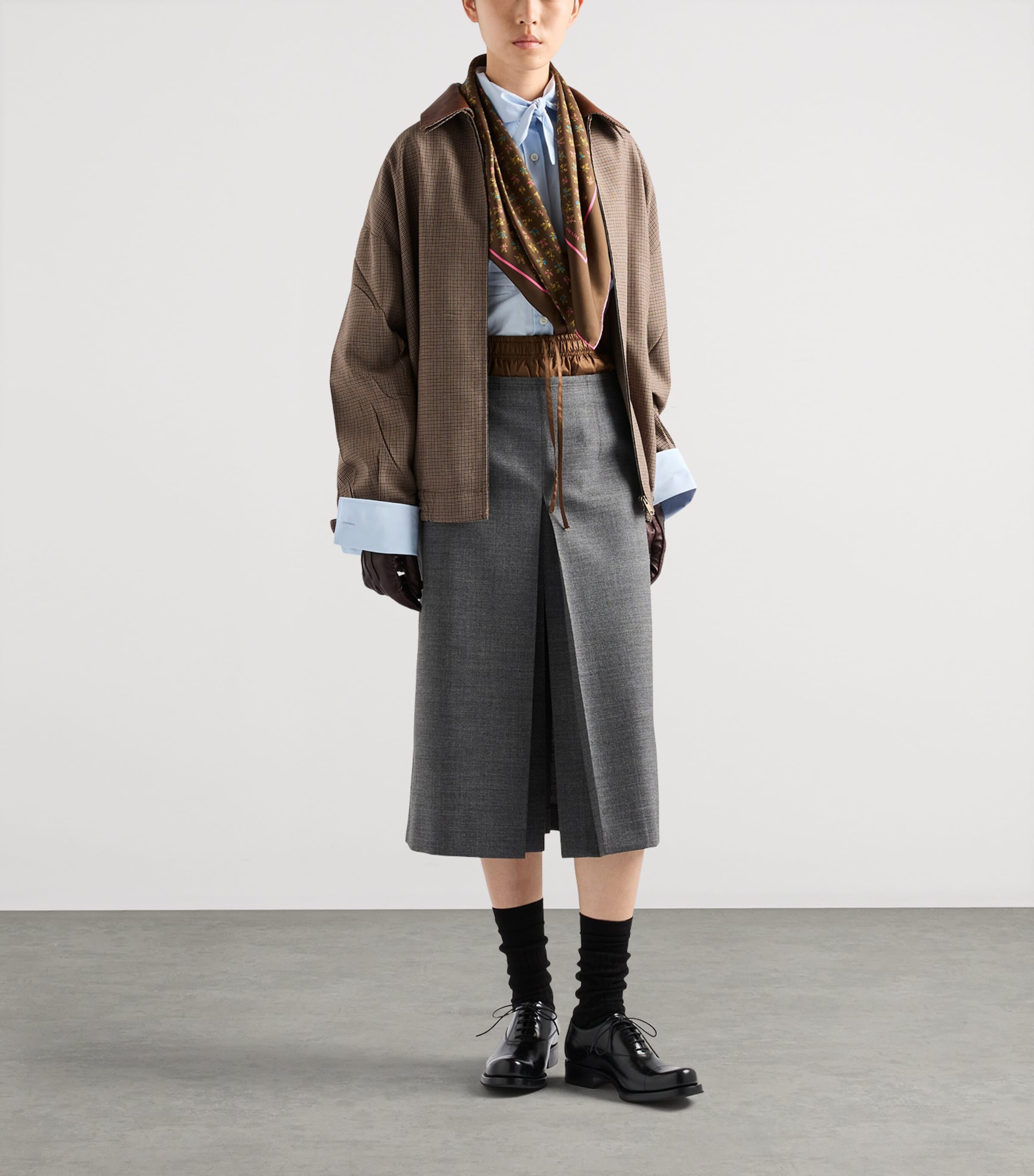 Prada Womens Wool Houndstooth Leather-Collar Jacket Brown Image 2