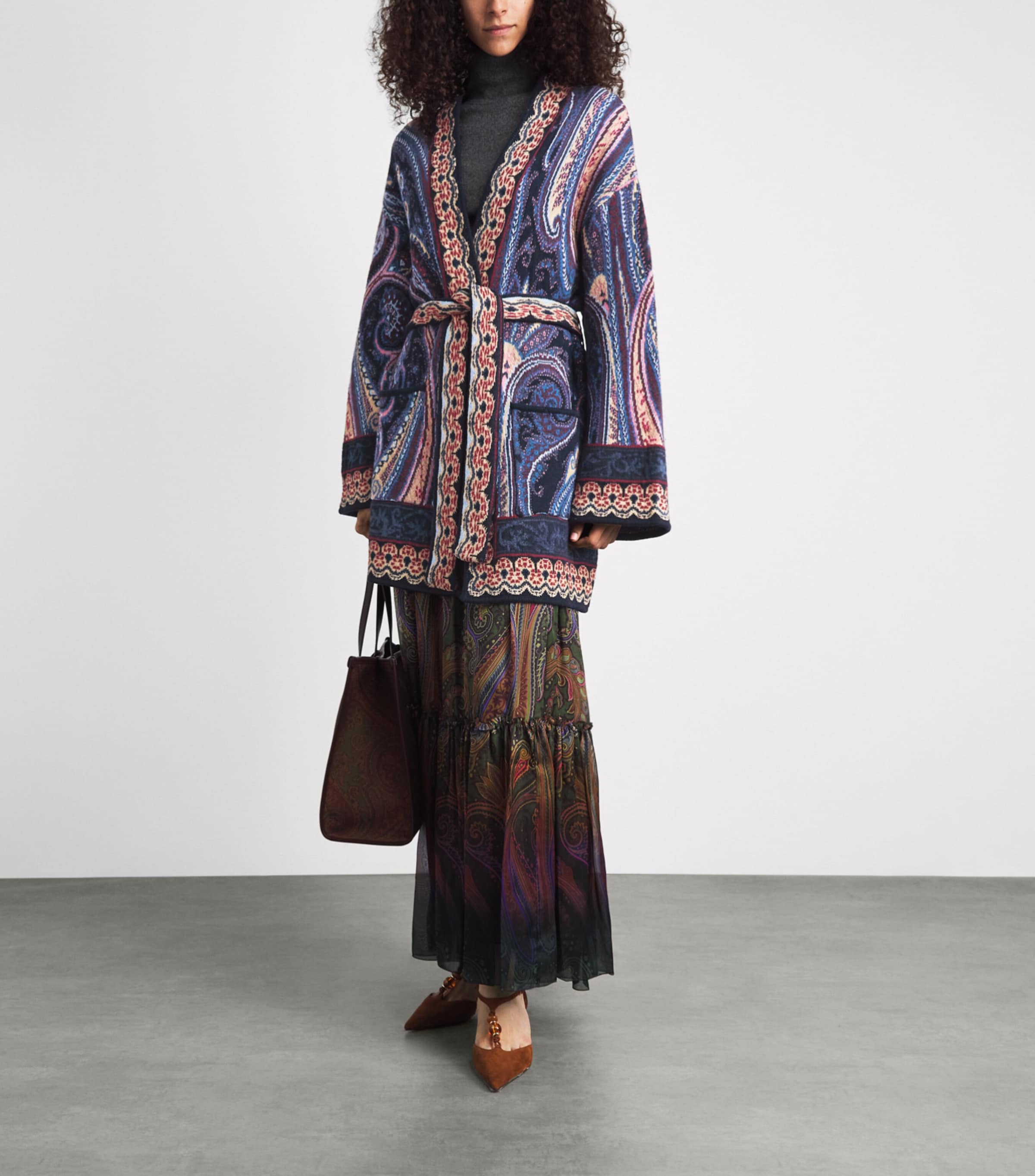 Etro Womens Paisley Waist-Belt Cardigan Blue Image 2