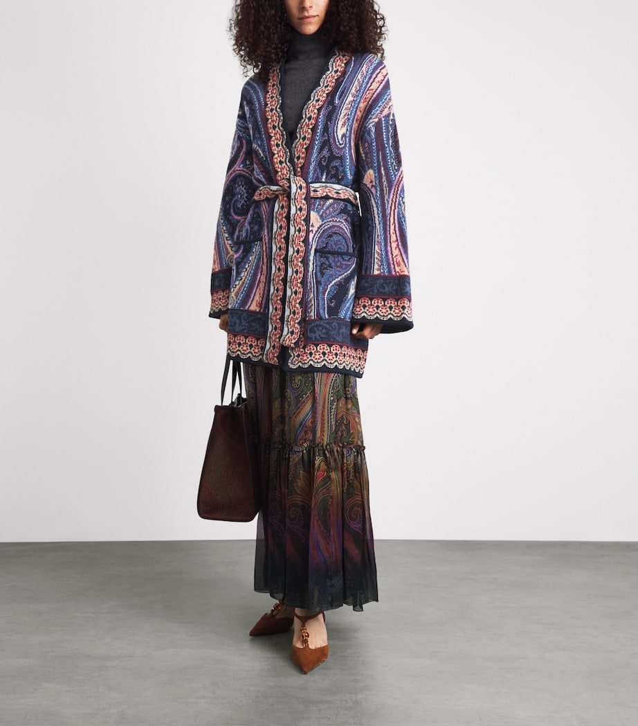 Etro Womens Paisley Waist-Belt Cardigan Blue Image 2