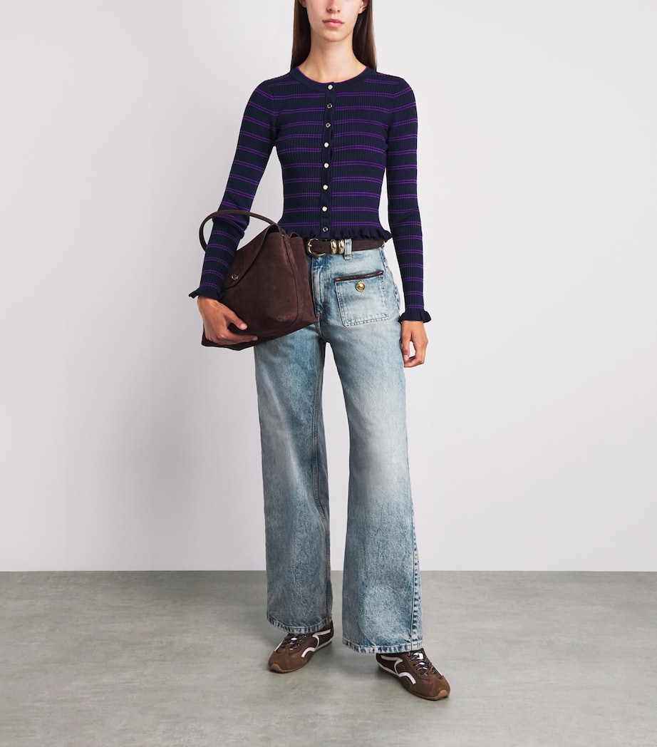 Sandro Paris Womens Leather-Trimmed Straight Jeans Blue Jean Image 2