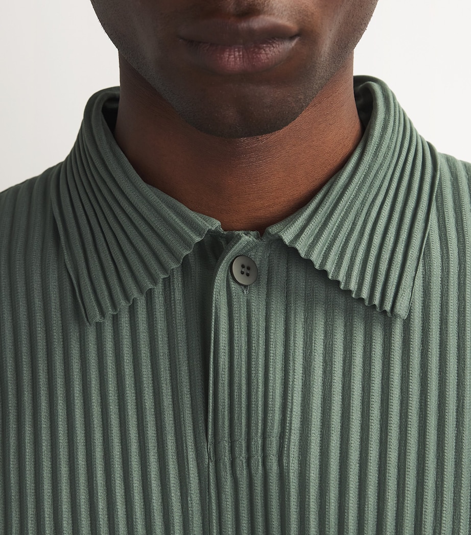 Homme Plissé Issey Miyake Mens Pleated Long-Sleeve Polo Shirt Moss Green Image 6