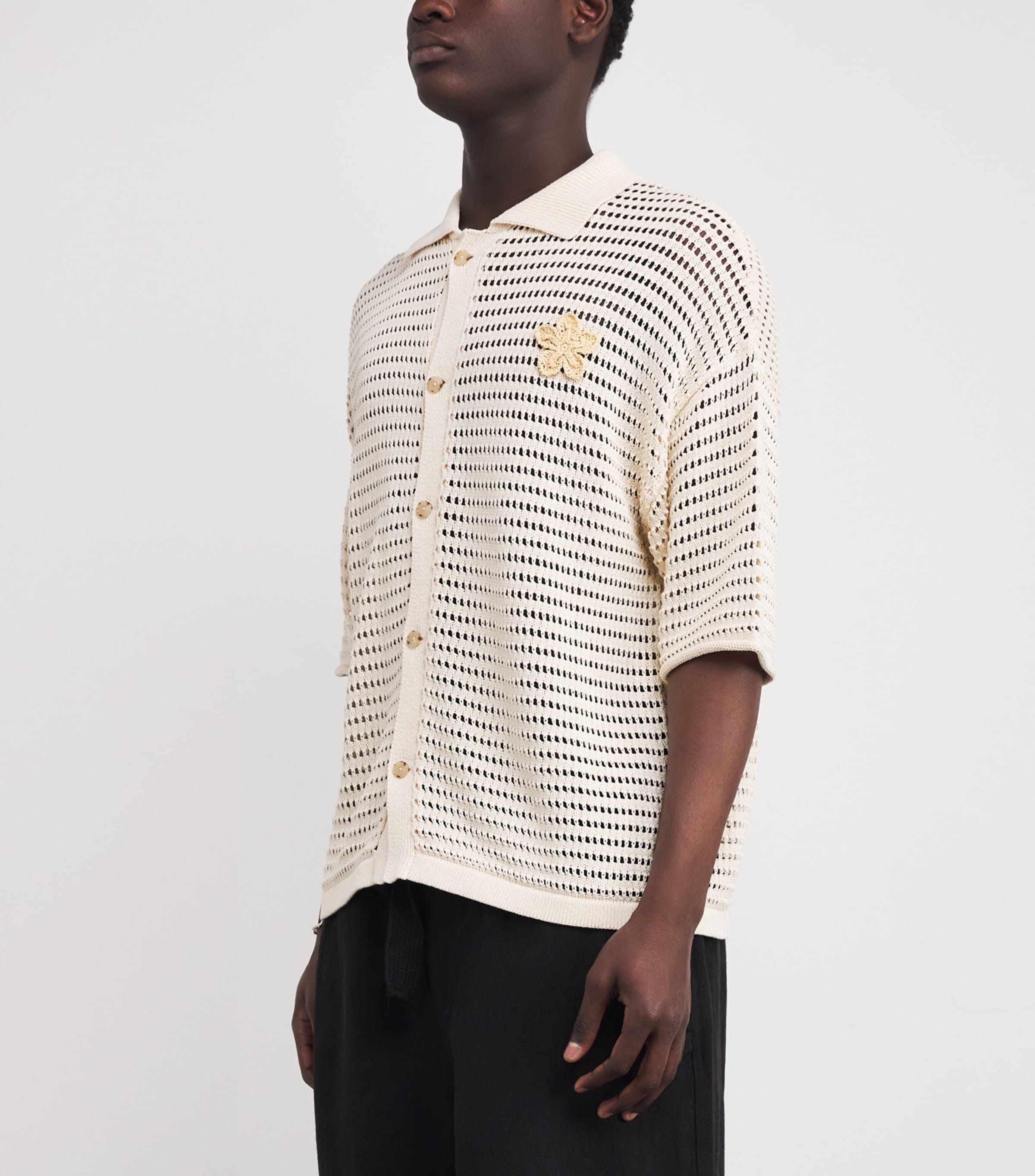 COMMAS Mens Crochet Floral Logo Polo Shirt Cream Image 3