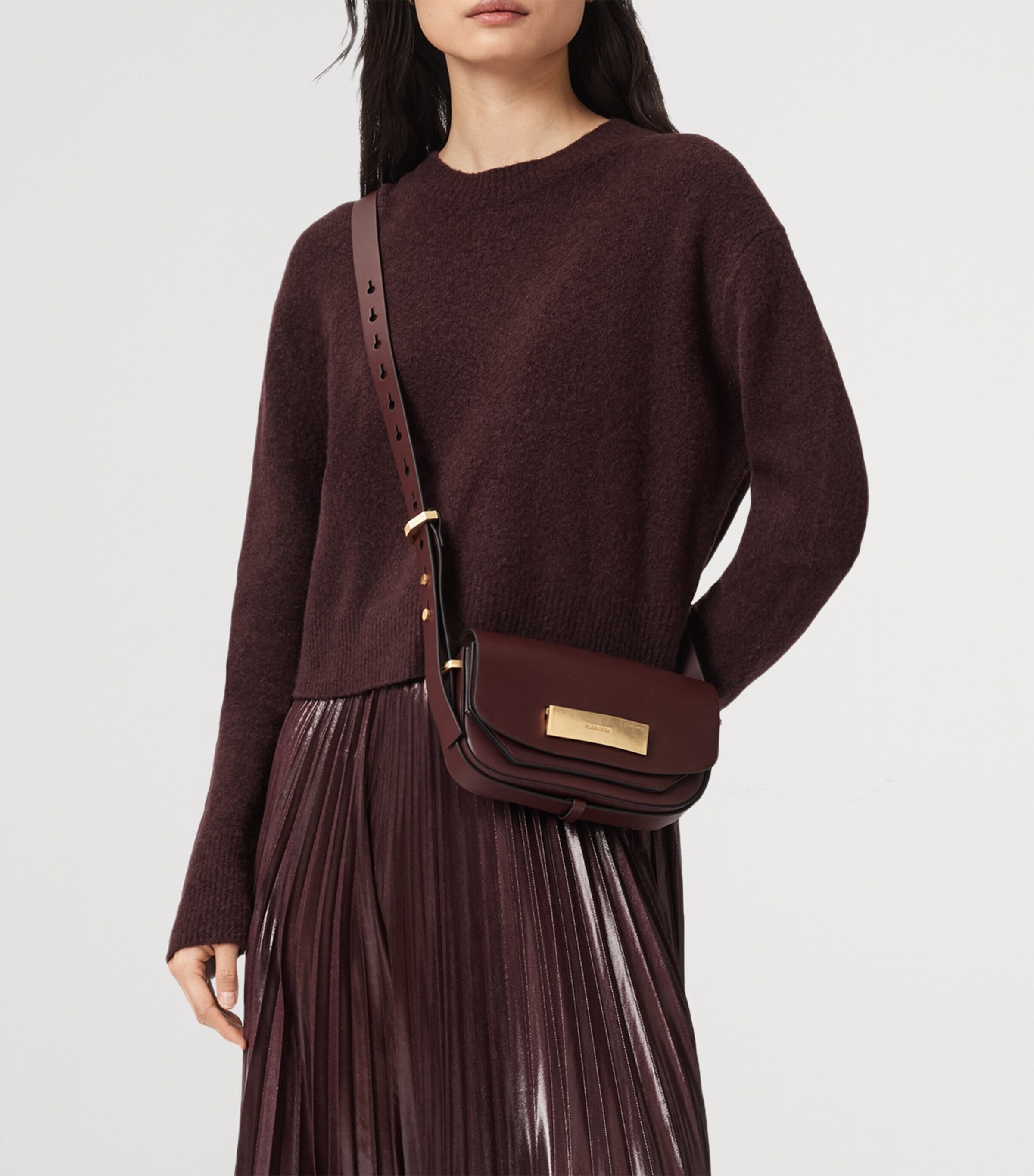 AllSaints Leather Etta Cross-Body Bag Dark Red Image 6