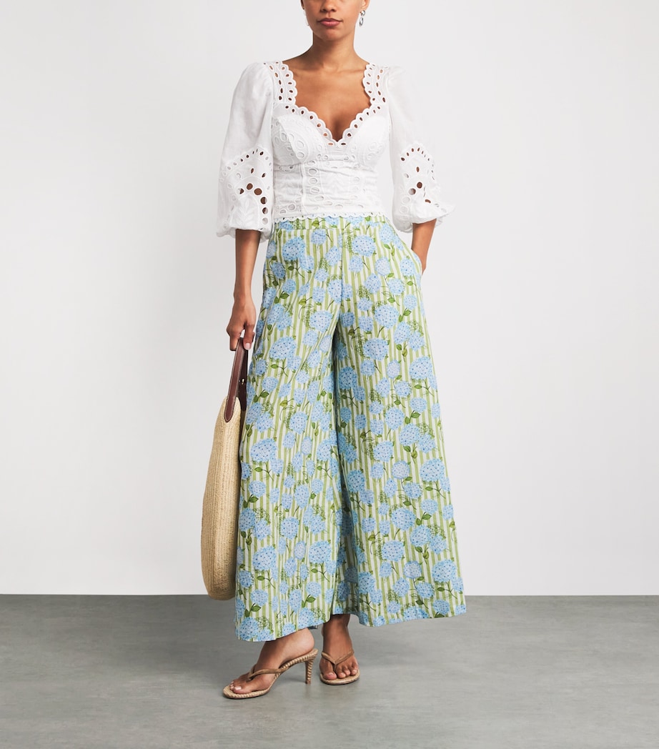 Verandah Womens Linen-Cotton Wide-Leg Hydrangea Trousers Iv & Grn Hydr Stripe Image 2