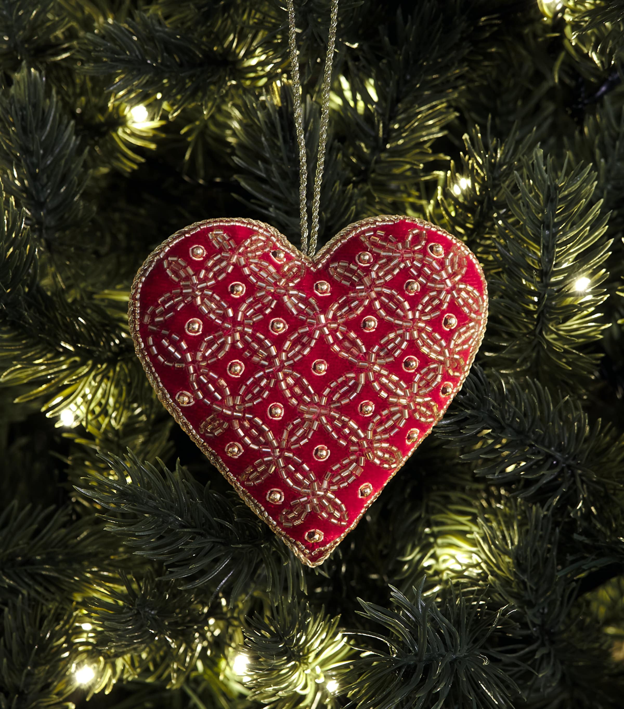 Harrods Beaded Heart Tree Decoration Red/gold Image 4