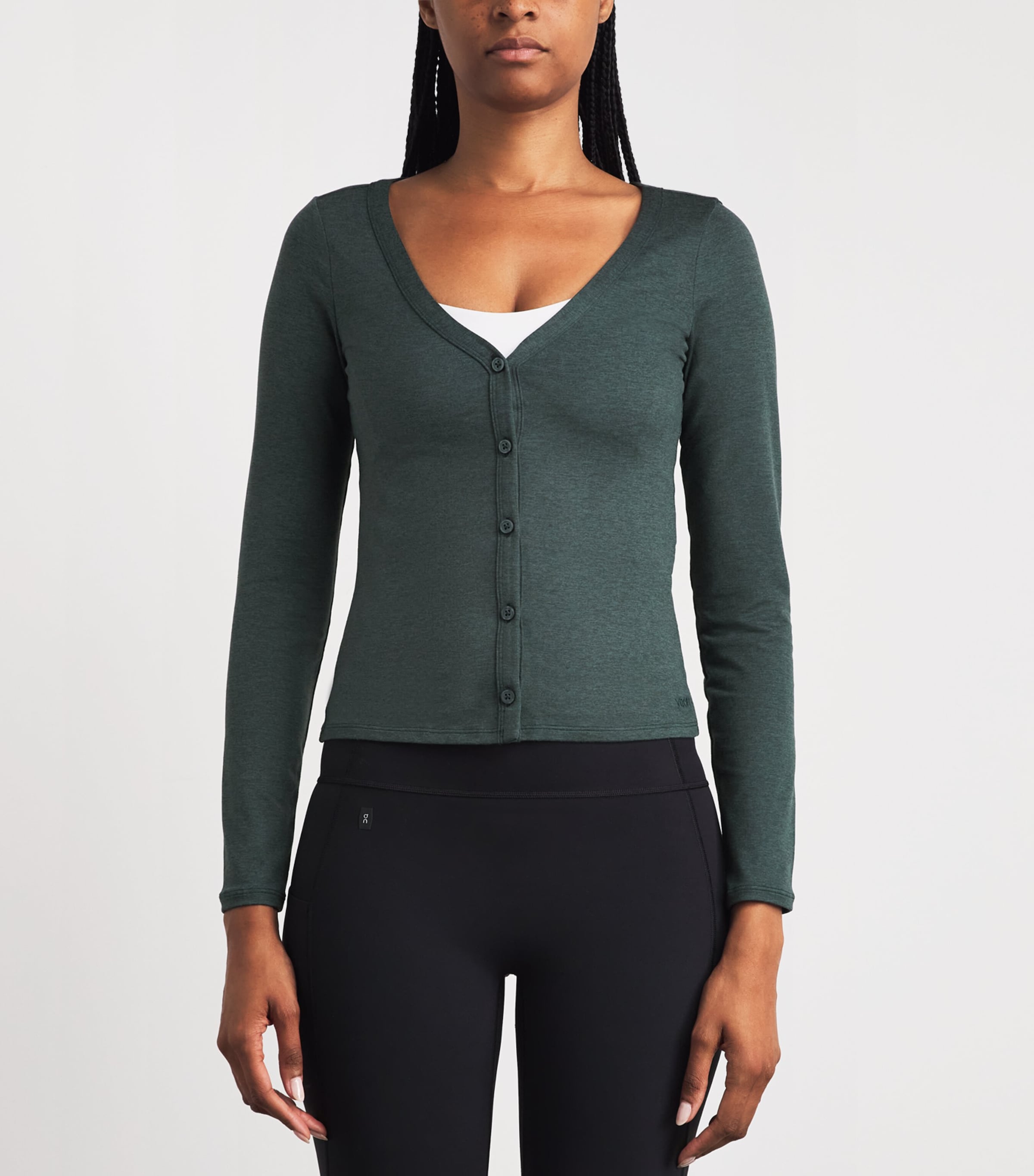 VUORI Womens Halo V-Neck Cardigan Hemlock Heather Image 4