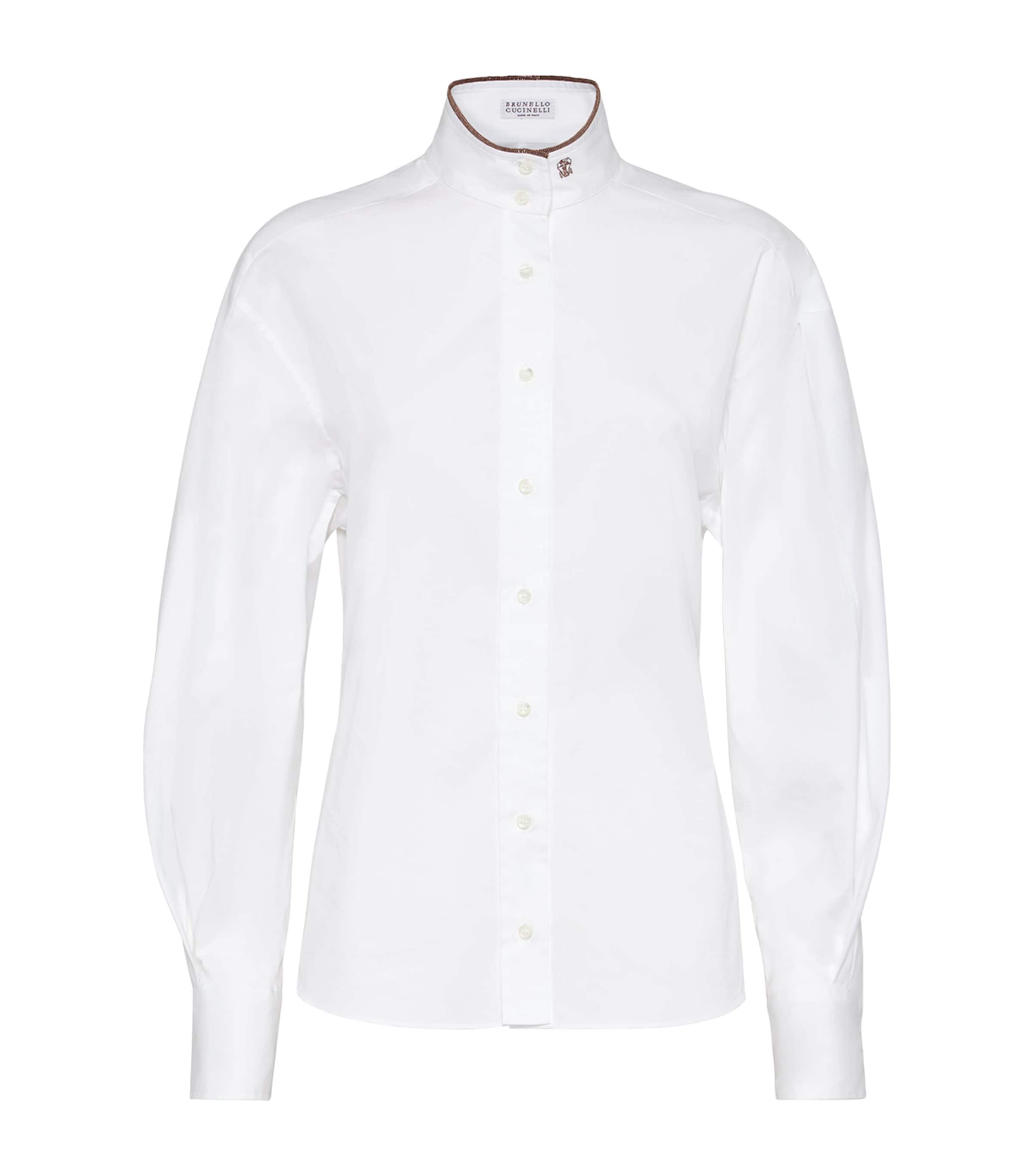 Brunello Cucinelli Stretch Cotton Poplin Shirt With Shiny Collar Detail Clothing In White