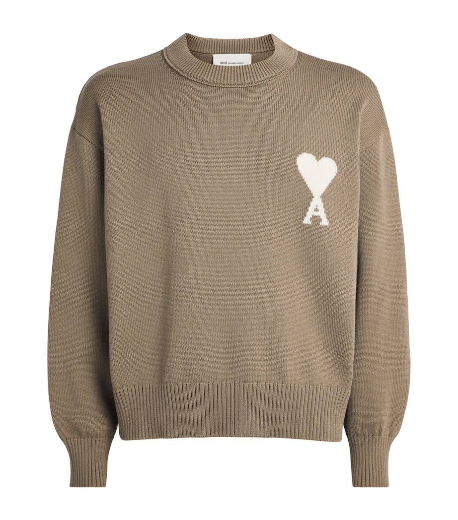 AMI Paris Mens Wool-Cotton Ami de Coeur Sweater Bge Taupe/ecru Image 1