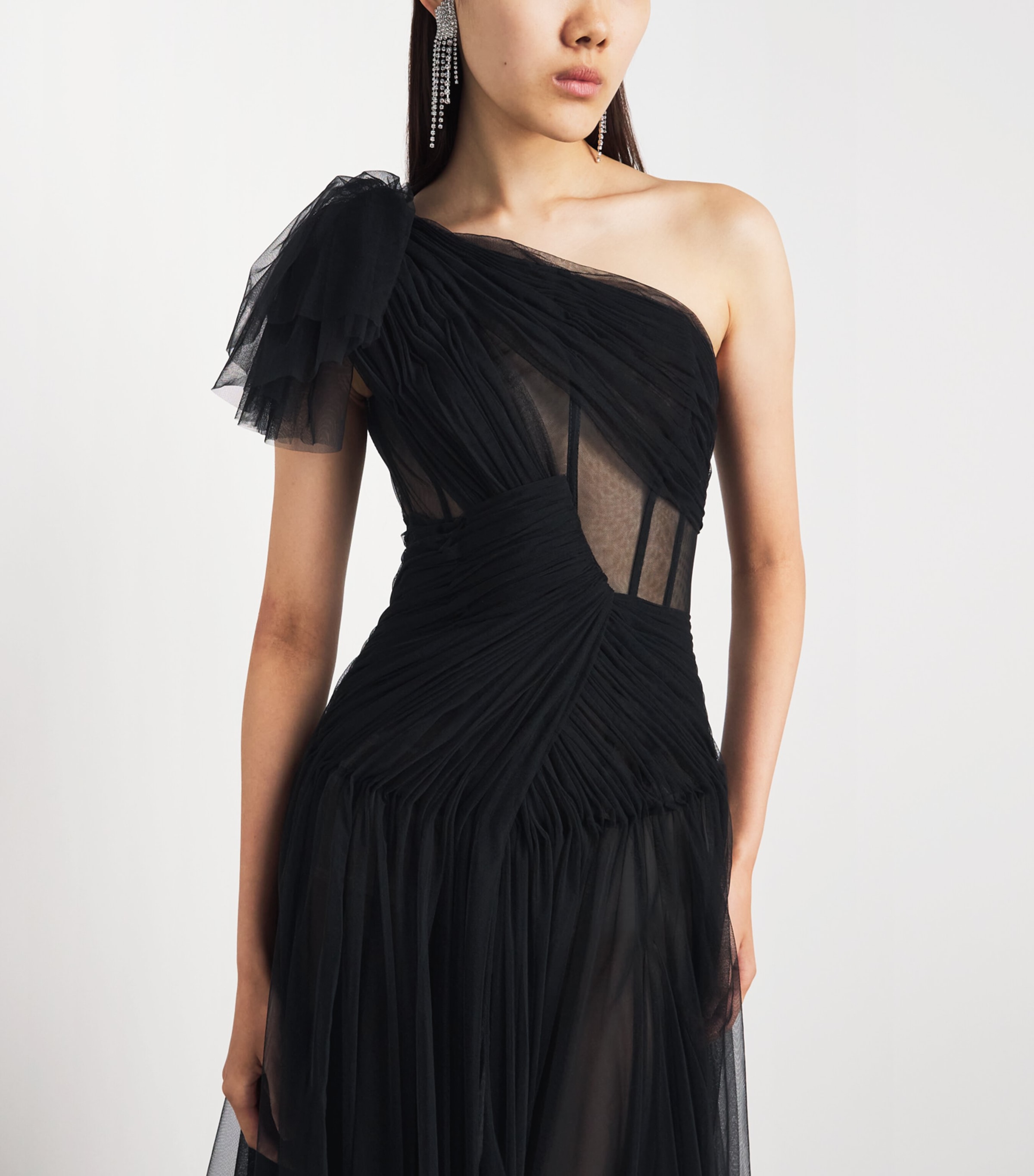 Sandra Mansour Womens Tulle One-Shoulder Gown Black Image 5