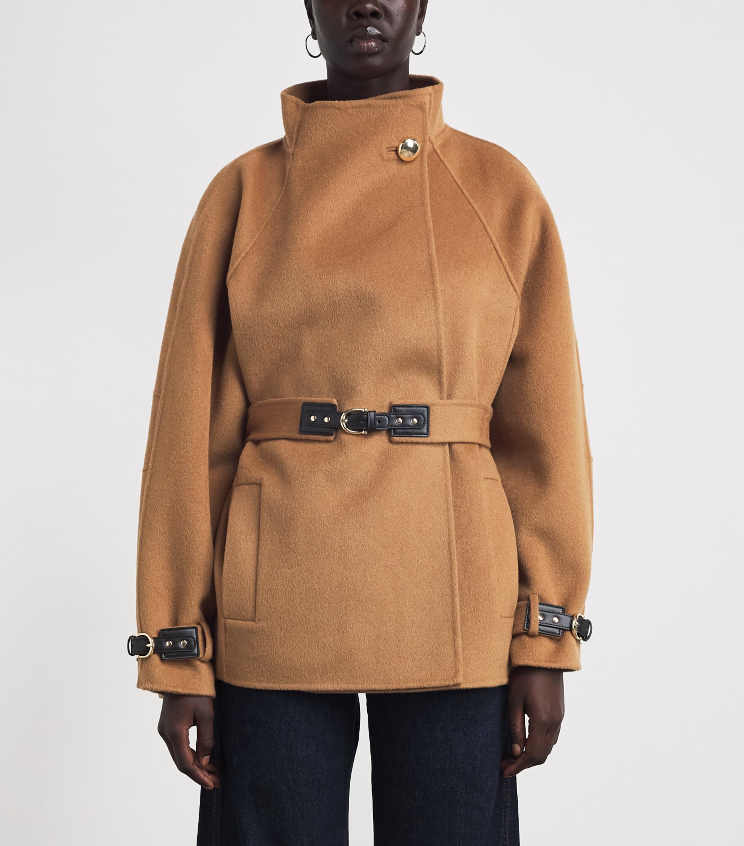 Maje Womens Wool-Blend Belted Mid-Length Coat Camel Image 4