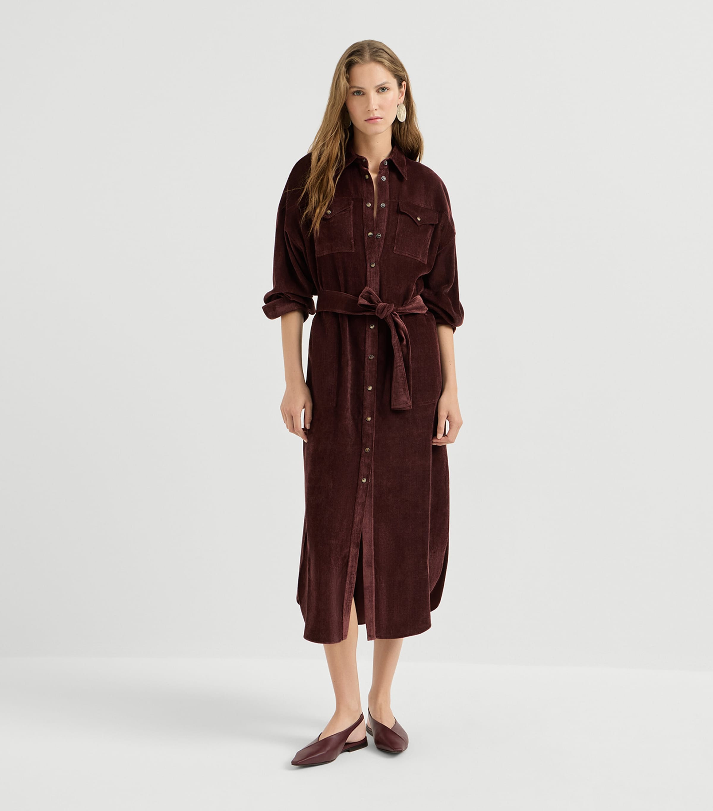 Brunello Cucinelli Womens Corduroy Maxi Shirt Dress Wine Red Image 2
