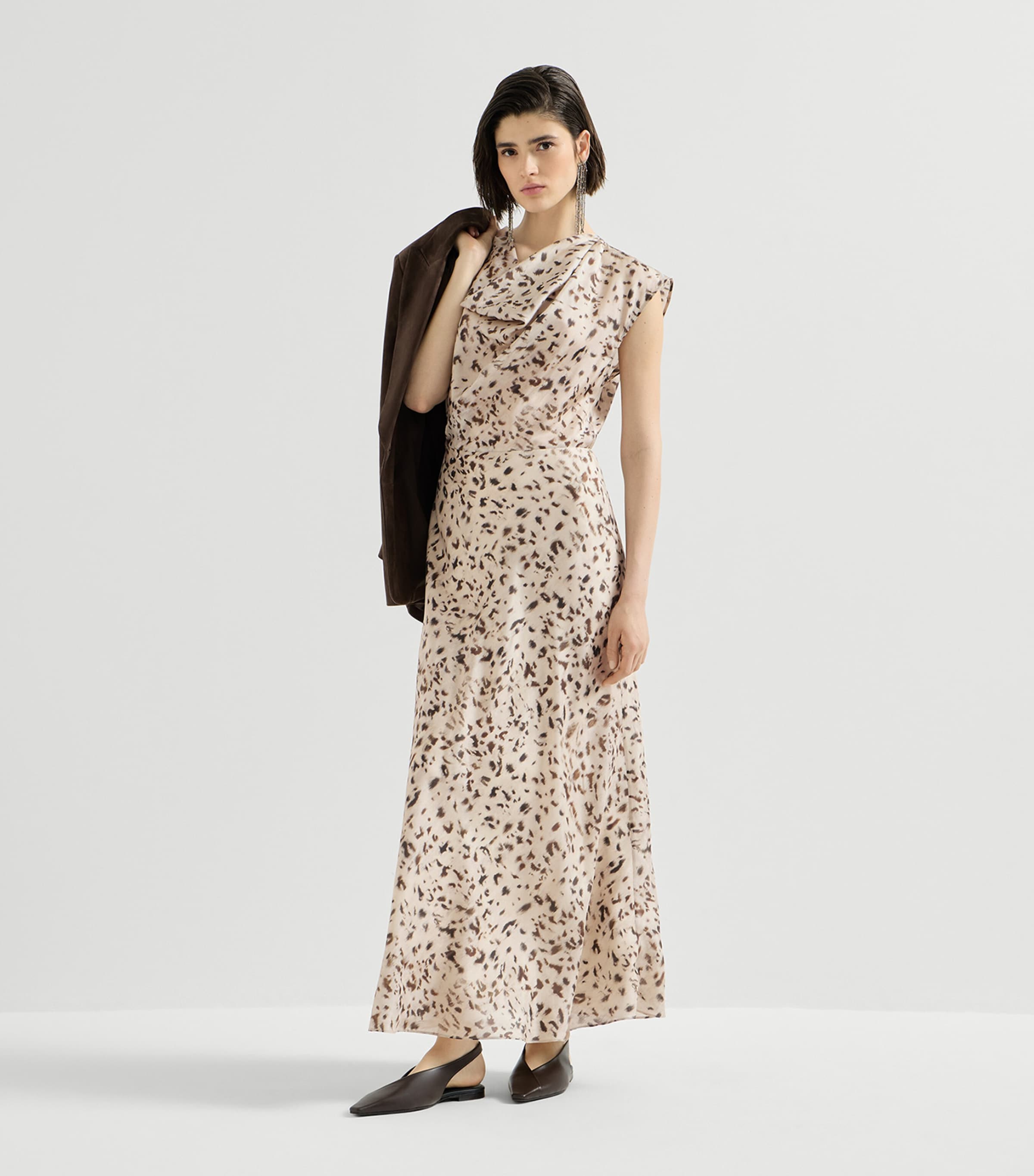 Brunello Cucinelli Womens Silk Pongee Lynx Print Maxi Dress Beige+brown Image 3