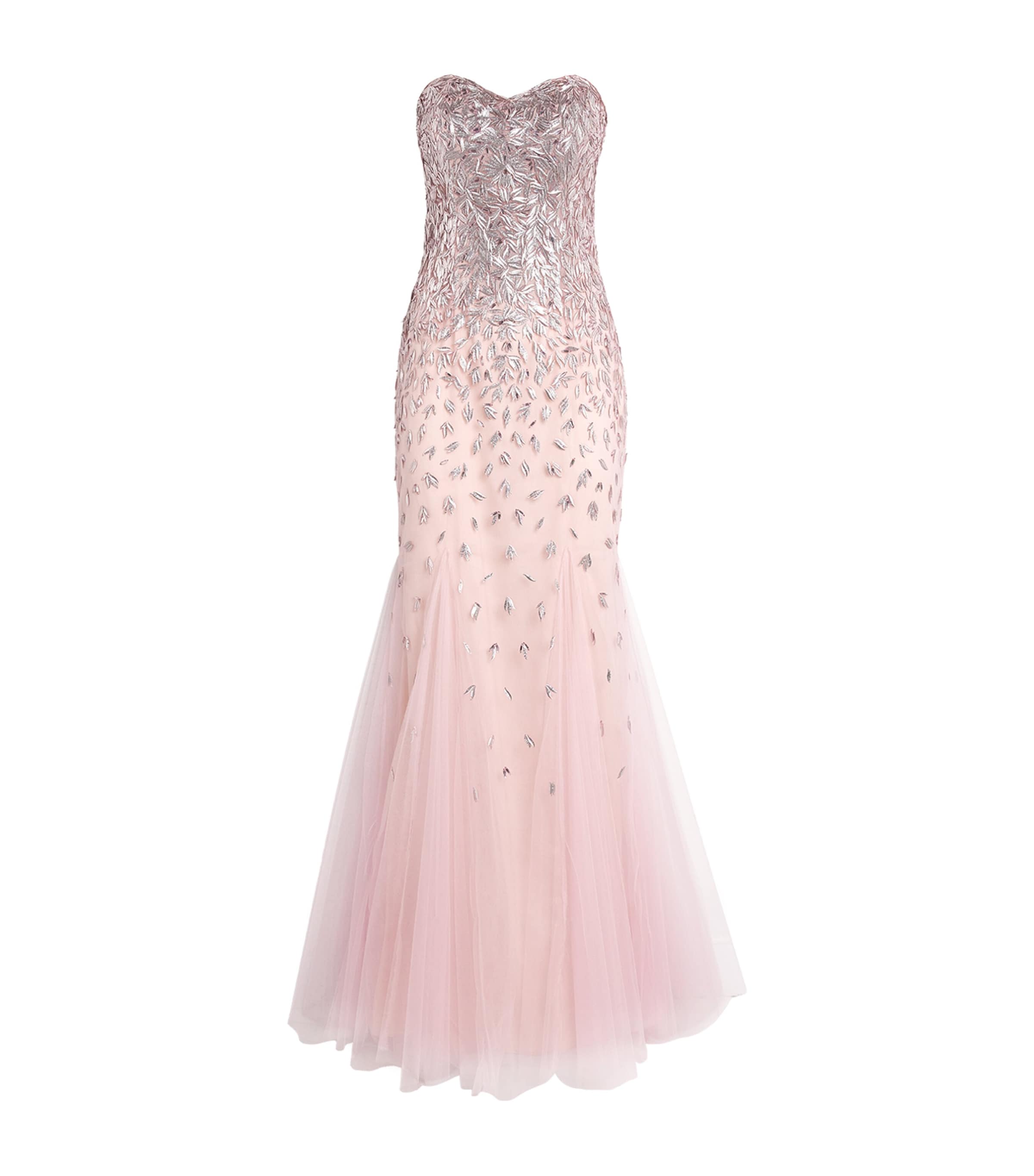 Pamella Roland Tulle Embellished Strapless Gown In Pink