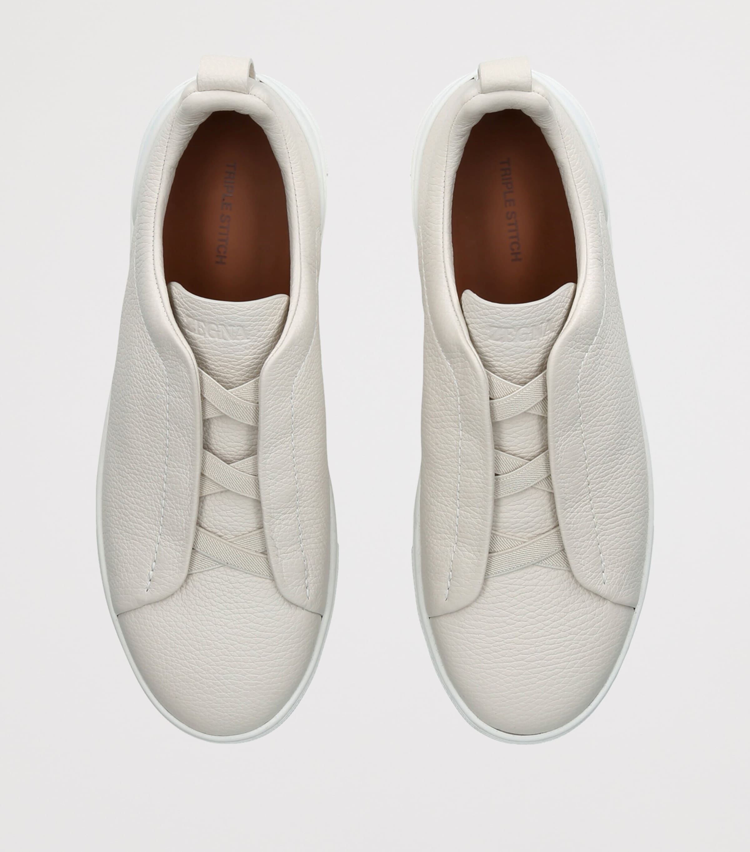 Zegna Leather Triple Stitch Sneakers Bone Image 3