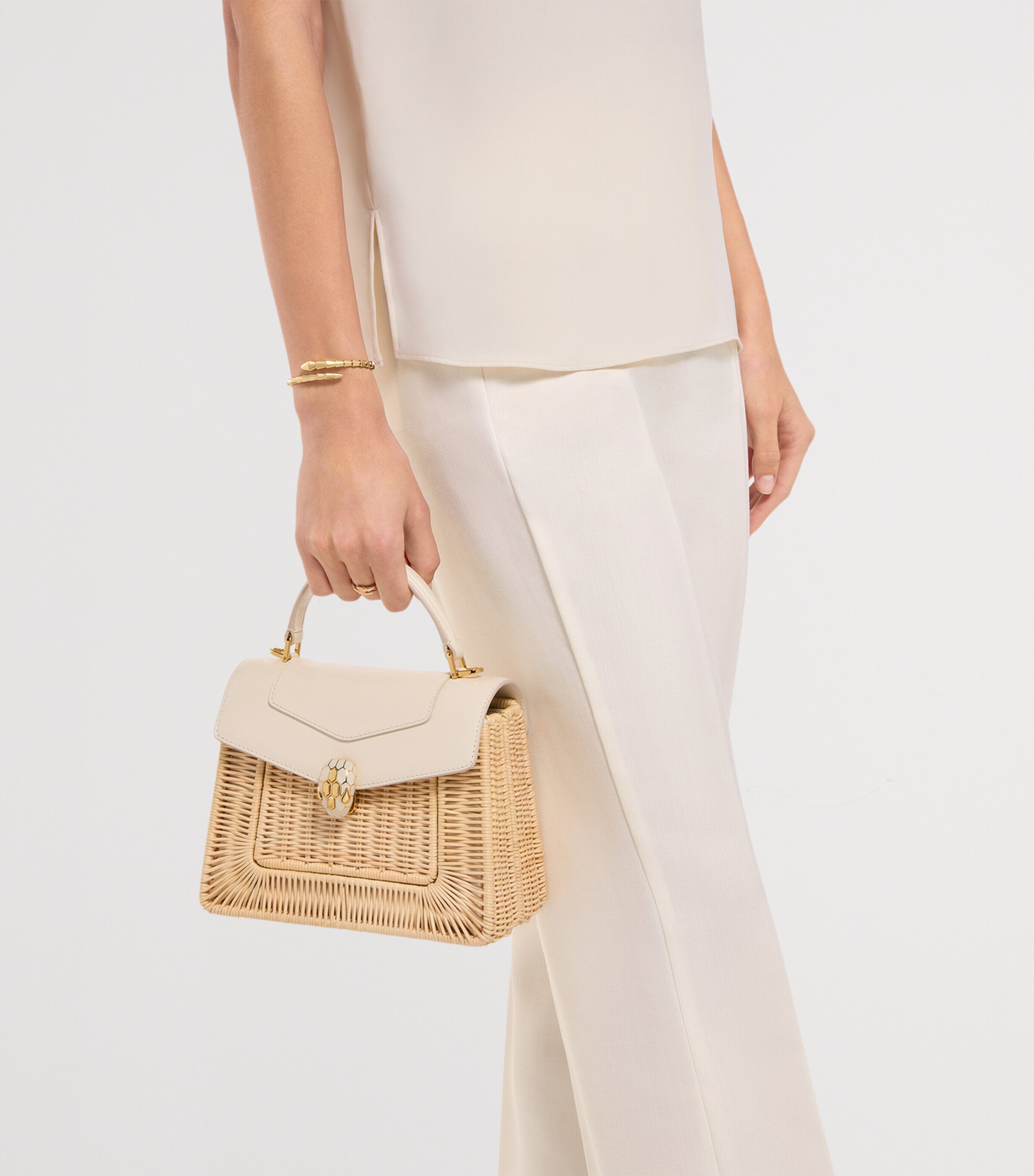 Bvlgari Medium Rattan-Leather Serpenti Forever Top-Handle Bag White Image 3