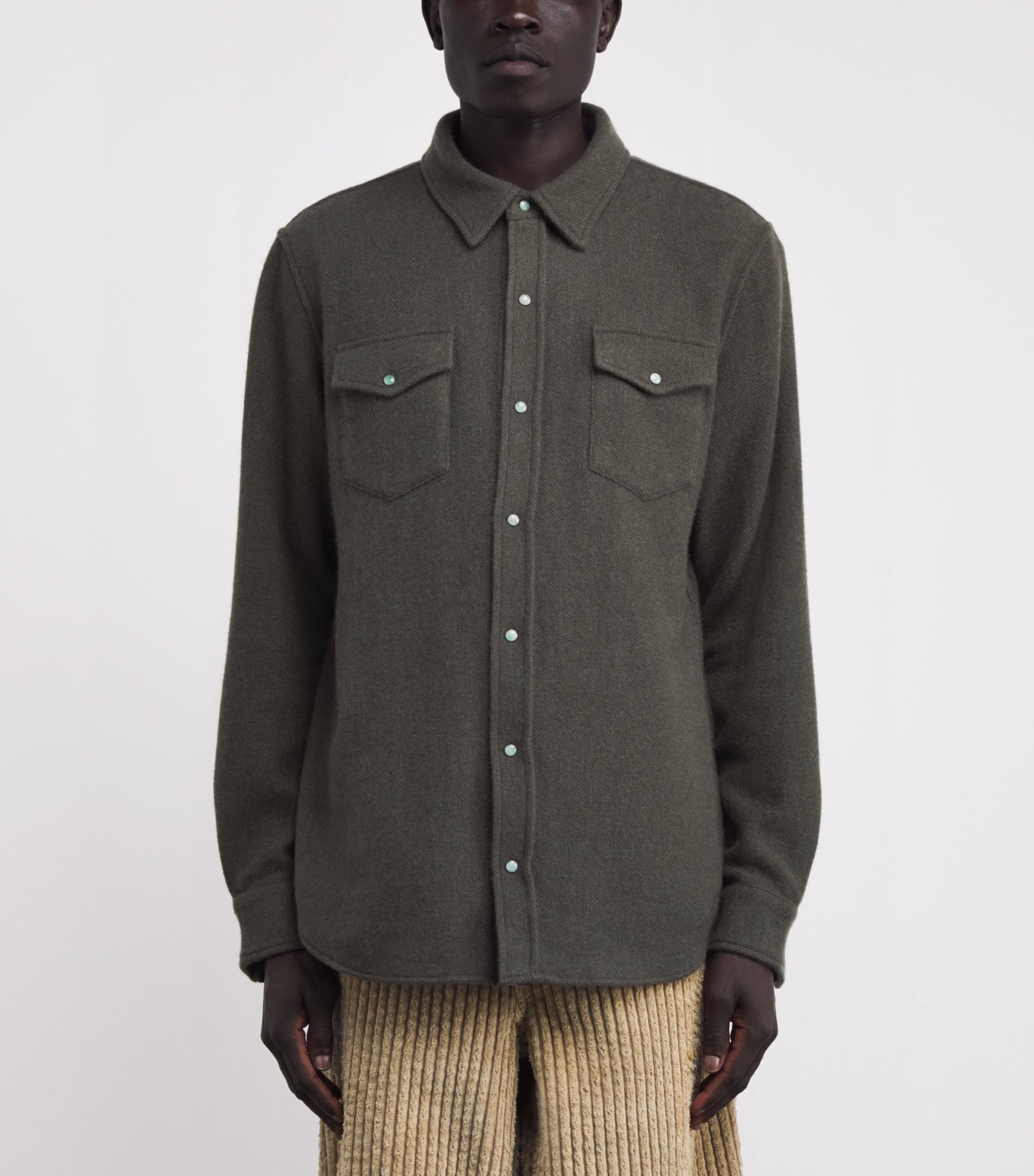 Cashmere Press-Stud Overshirt SABLE / EMERALD Image 3