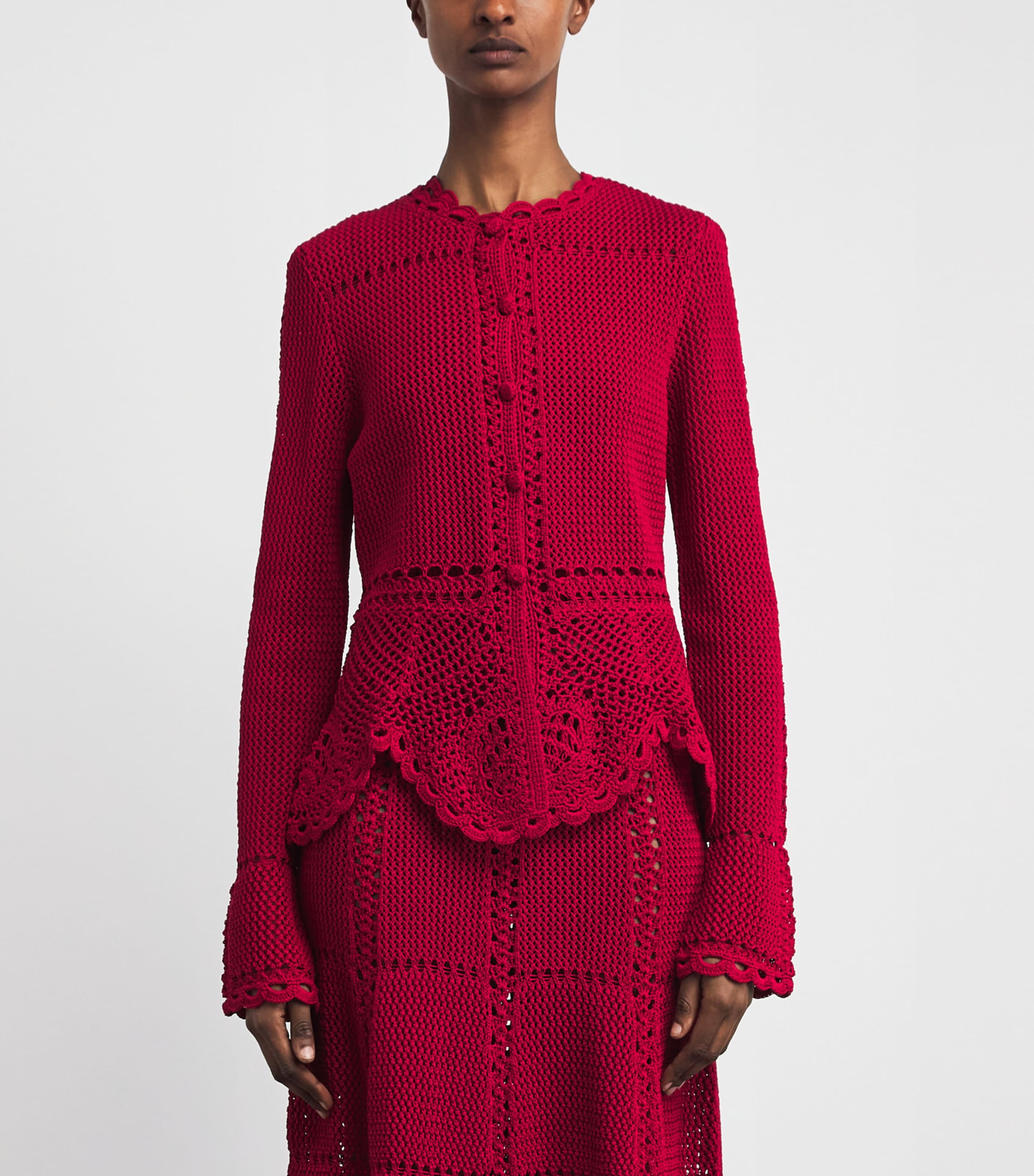 Erdem Womens Cotton Crochet Peplum Cardigan Ruby Red Image 4