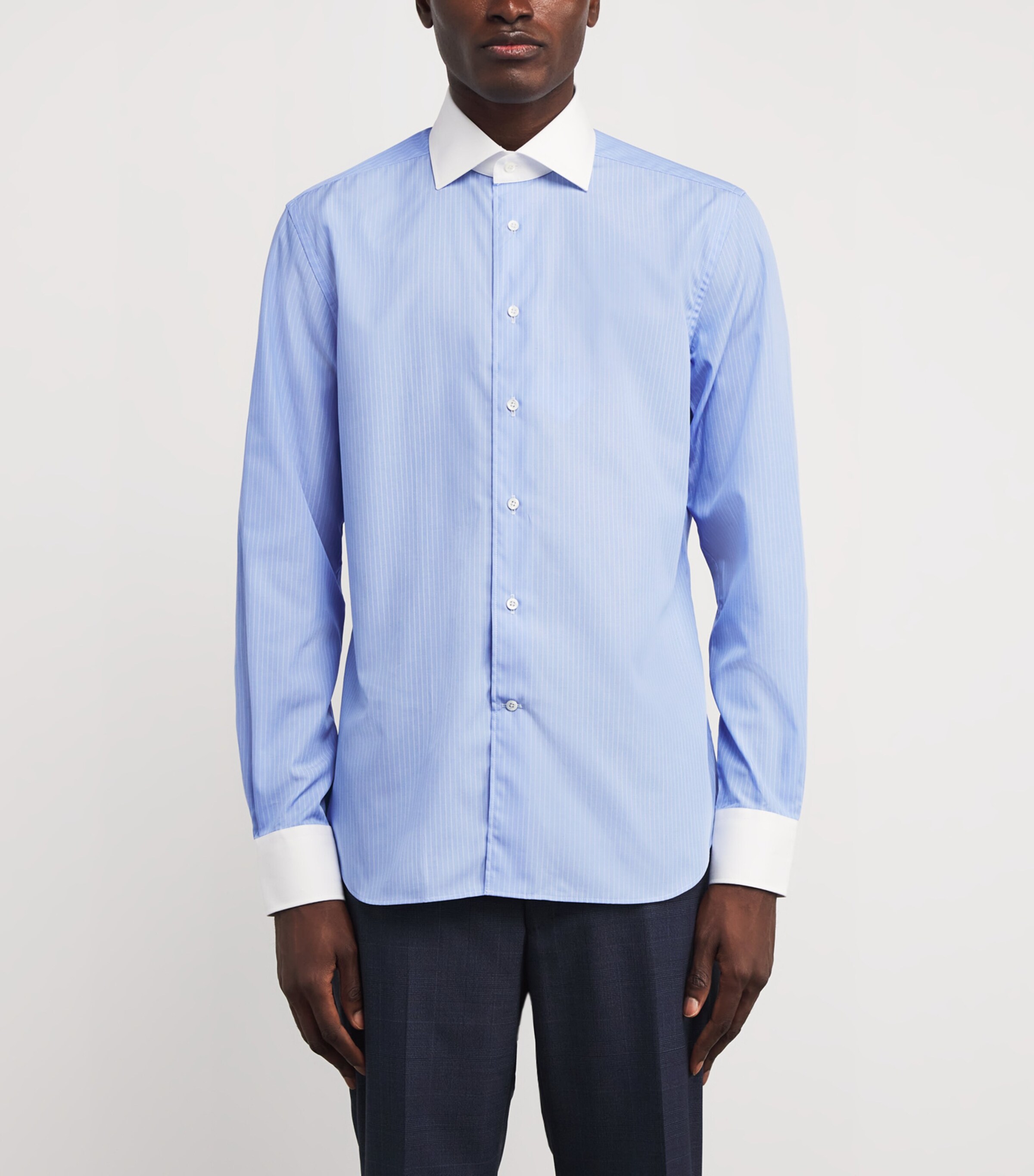 Contrast-Collar Pinstripe Shirt BLUE 005 Image 3