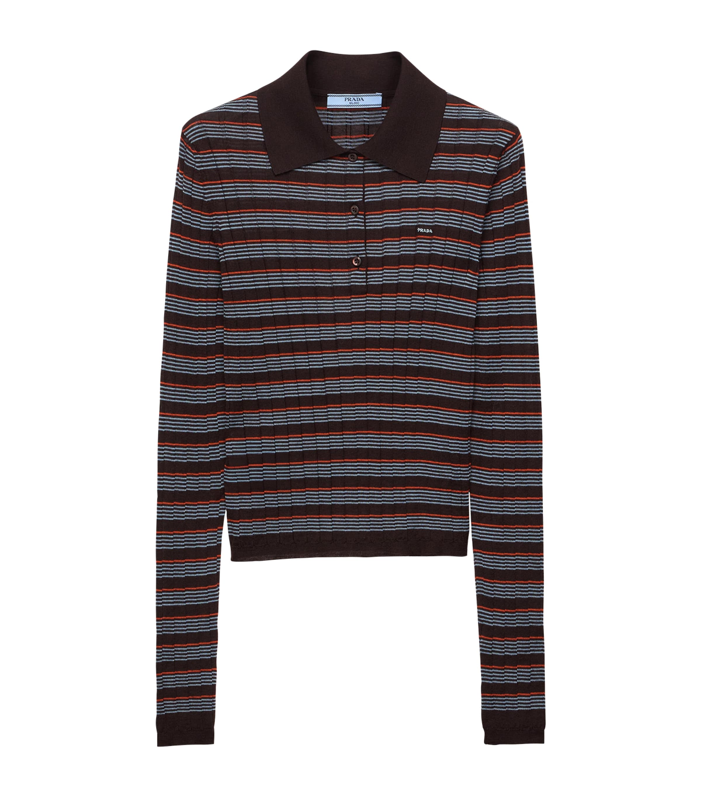 Prada Womens Cashmere-Silk Striped Polo Shirt Brown Image 1