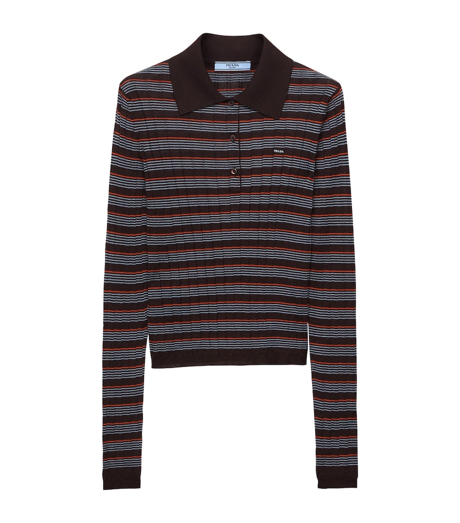 Prada Womens Cashmere-Silk Striped Polo Shirt Brown Image 1