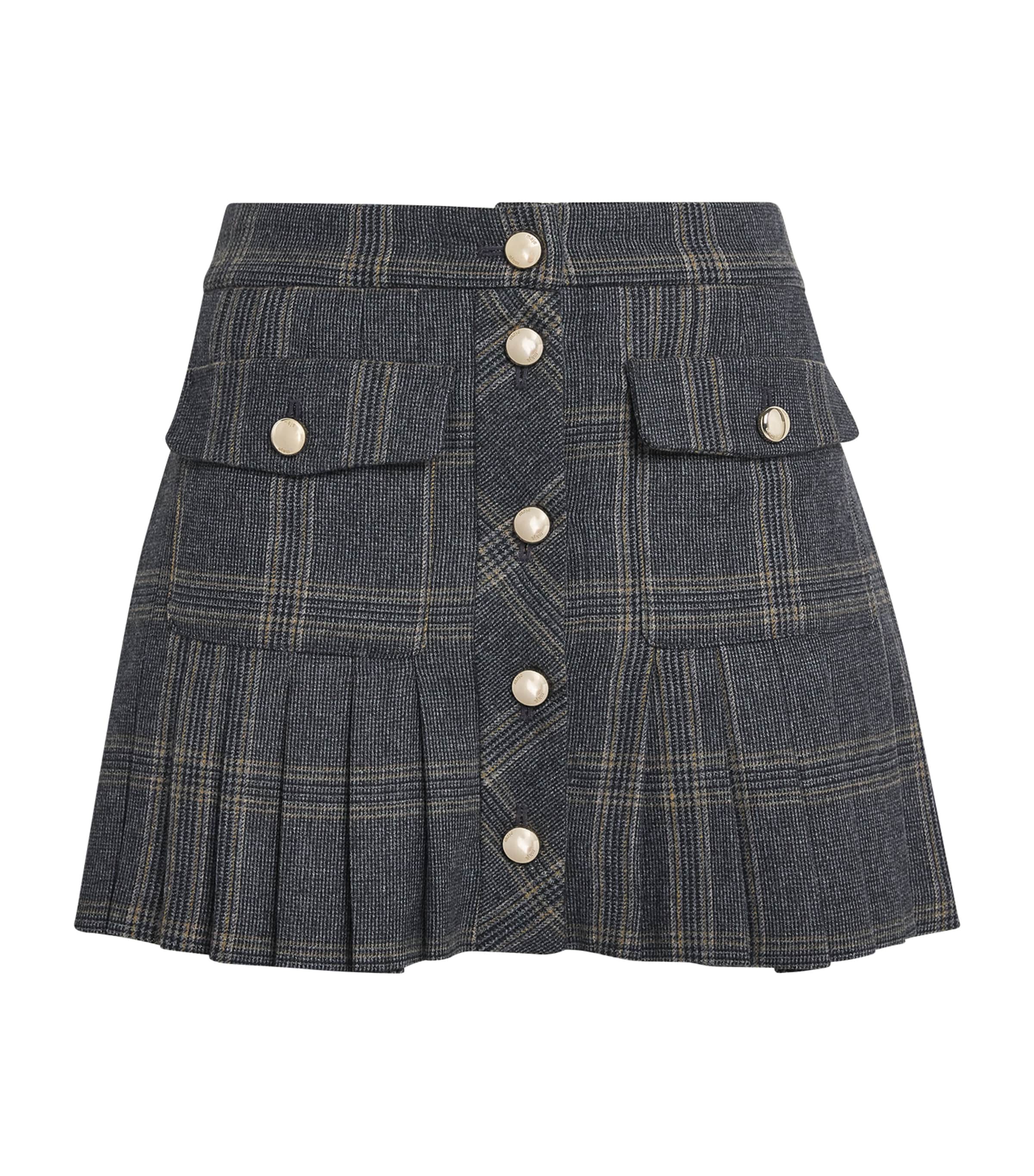 Maje Pleated Check Mini Skirt In Gray