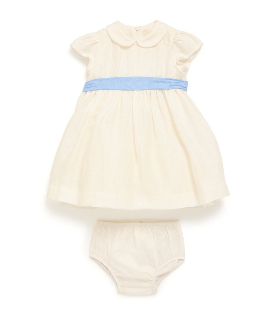 Linen-Blend Belt-Detail Dress (6-36 Months) 1046 MILK/LIGHT BLUE Image 1