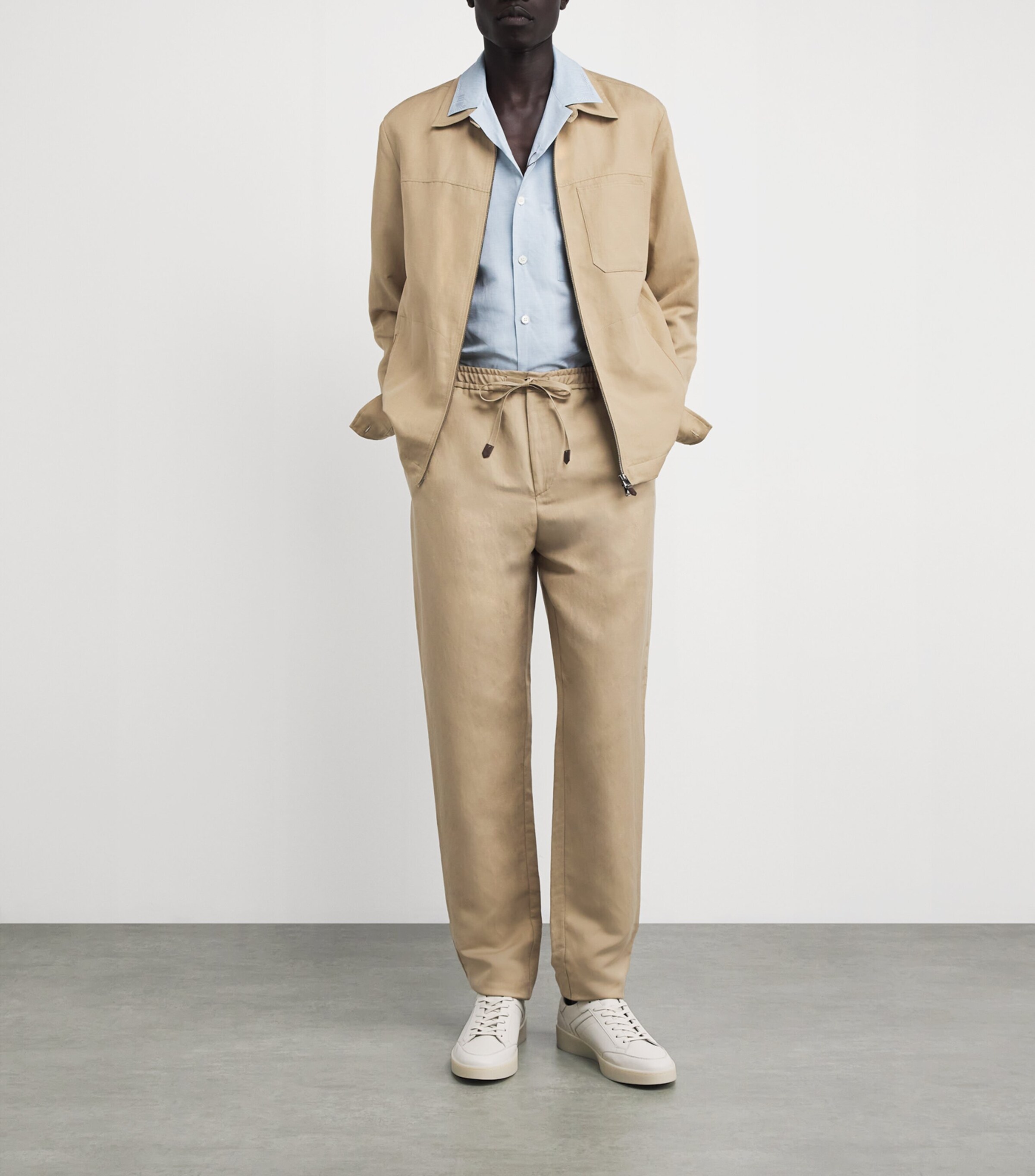 Canali Mens Linen-Silk Drawstring Trousers Beige Image 2