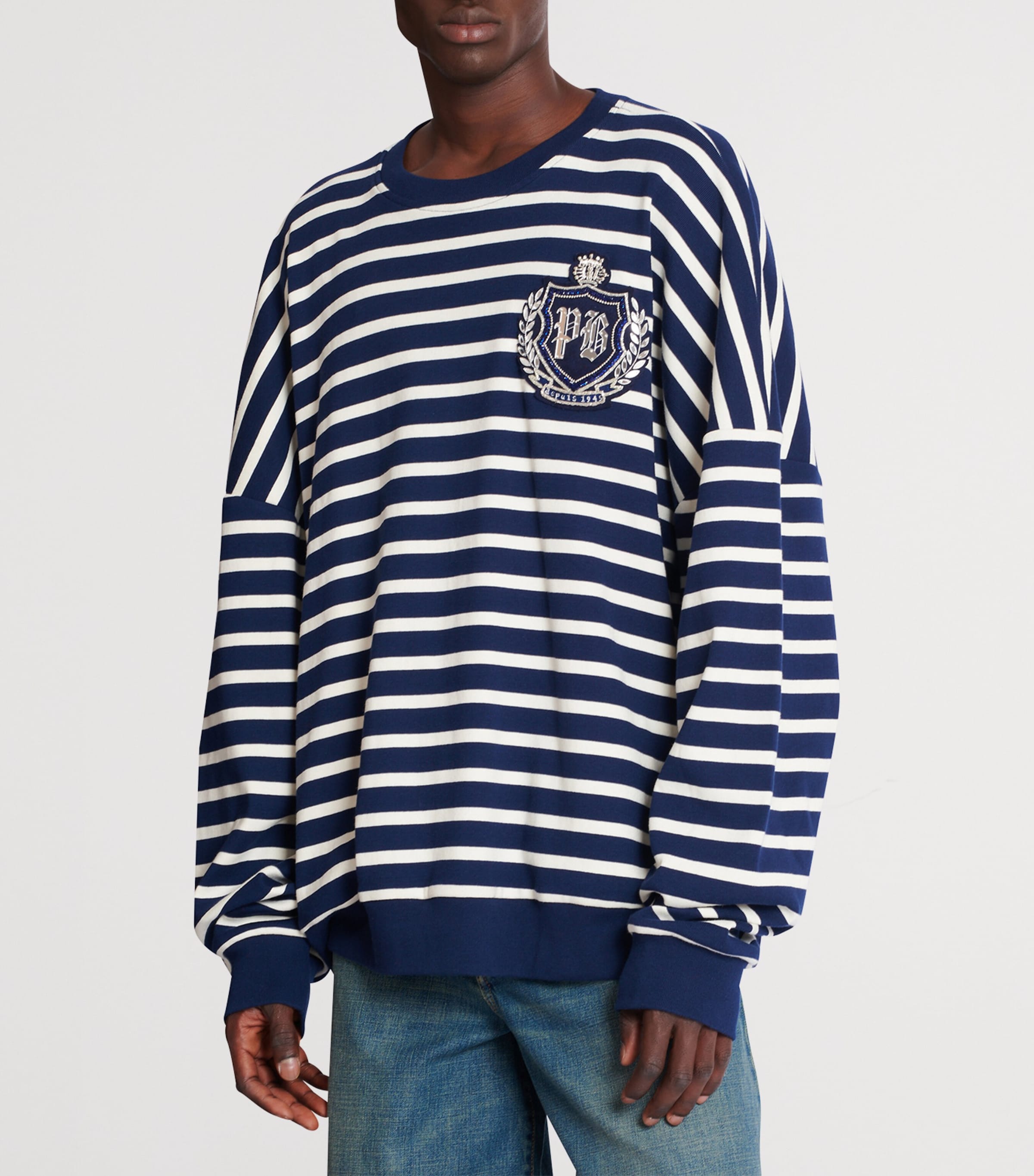 Cotton Striped College Emblem Sweatshirt SFL BLEU/BEIGE Image 6
